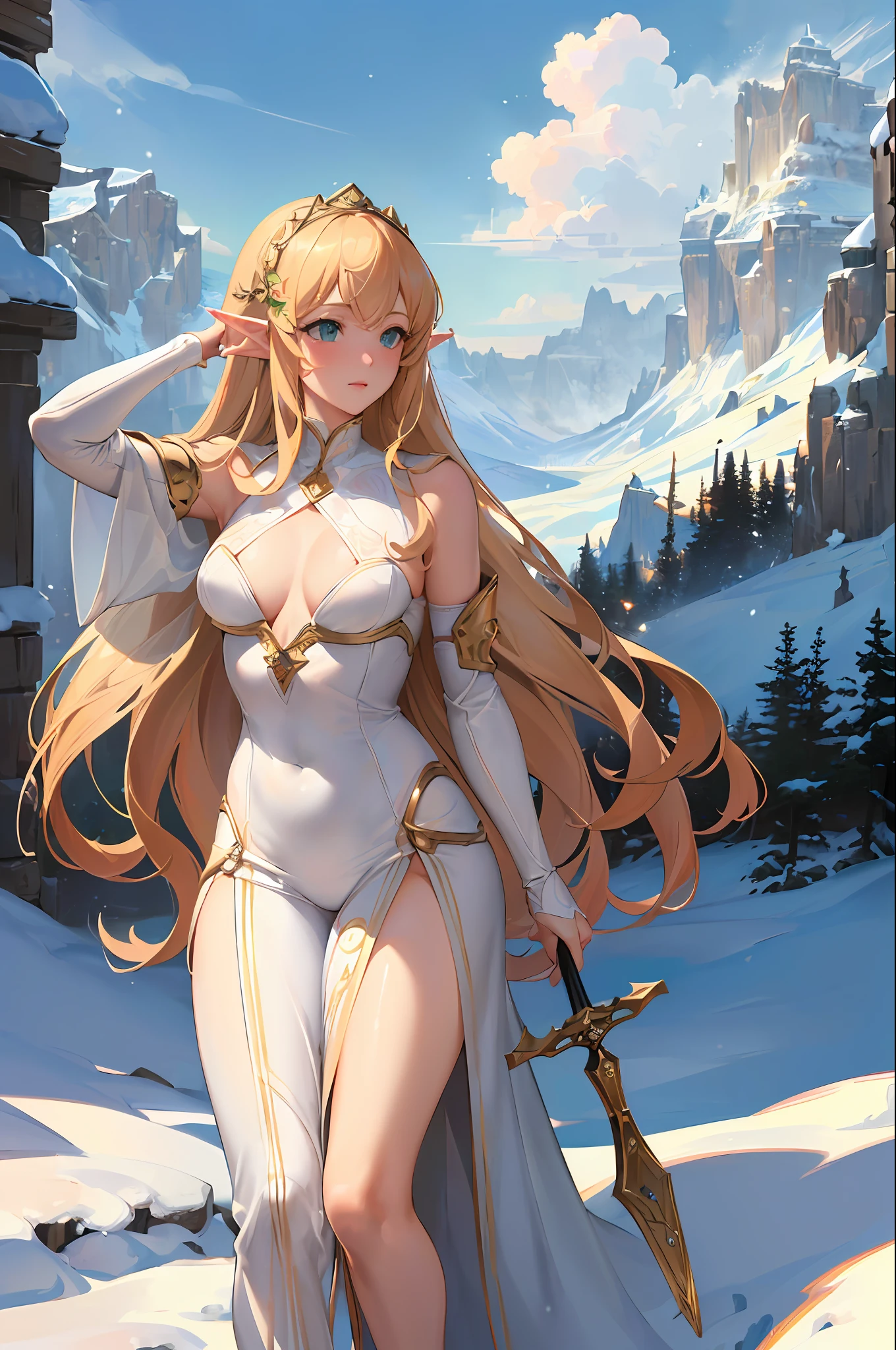 ((masterpiece)), (best quality), (best artist), (best lighting), (best performance), (Wlop), (artgerm lau), (Sandro Botticelli), (detailed landscape), (16k quality ), a young elf girl with long blonde hair, green eyes, white skin, wearing elf clothes, in a landscape of snowy mountains, cloudy and gray skies.