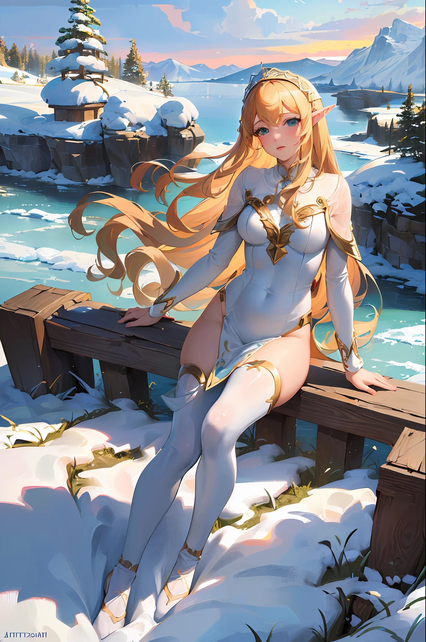 ((masterpiece)), (best quality), (best artist), (best lighting), (best performance), (Wlop), (artgerm lau), (Sandro Botticelli), (detailed landscape), (16k quality ), a young elf girl with long blonde hair, green eyes, white skin, wearing elf clothes, in a landscape of snowy mountains, cloudy and gray skies.