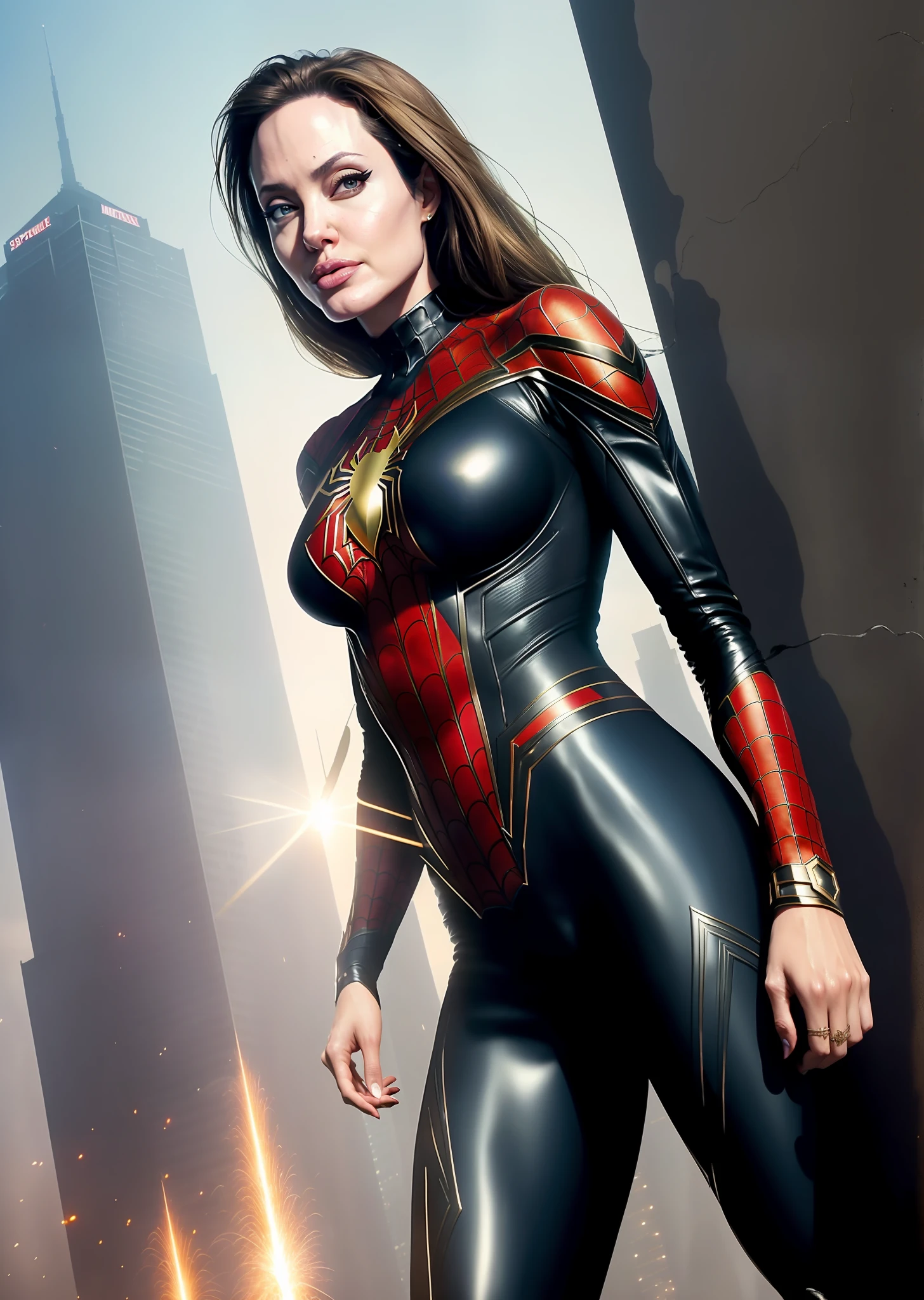 Angelina Jolie in detailed brown Spider-Man costume, big breasts, superhero pose, standing on skyscraper, hyperdetailed, smoke, sparks, sunbeams, (8k), realistic, symmetrical, award-winning, heavy fog, soaked, film, 75mm, scratches, full body shot, close-up, torn and dirty clothes, detailed face,