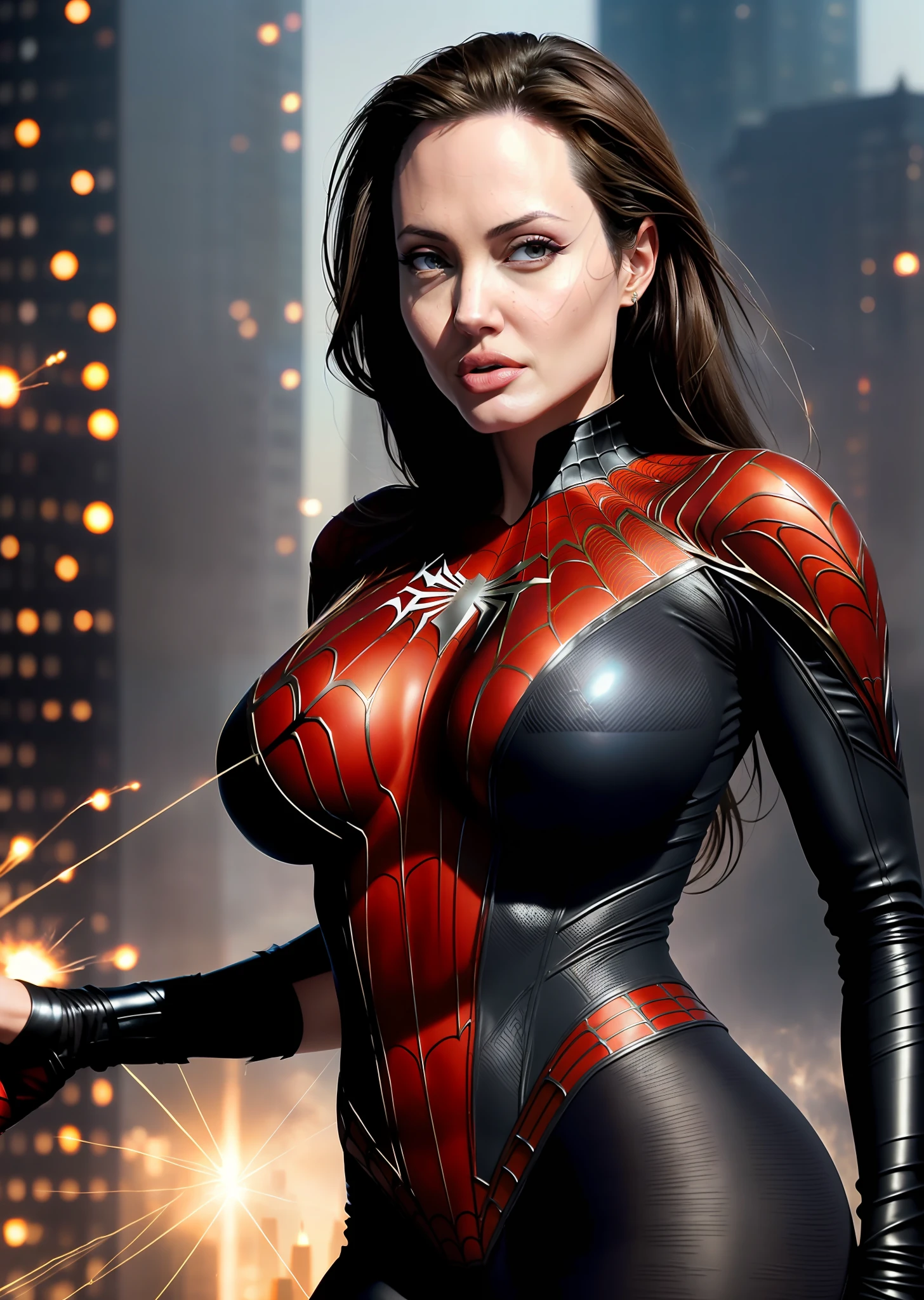 Angelina Jolie in detailed brown Spider-Man costume, big breasts, superhero pose, standing on skyscraper, hyperdetailed, smoke, sparks, sunbeams, (8k), realistic, symmetrical, award-winning, heavy fog, soaked, film, 75mm, scratches, full body shot, close-up, torn and dirty clothes, detailed face,