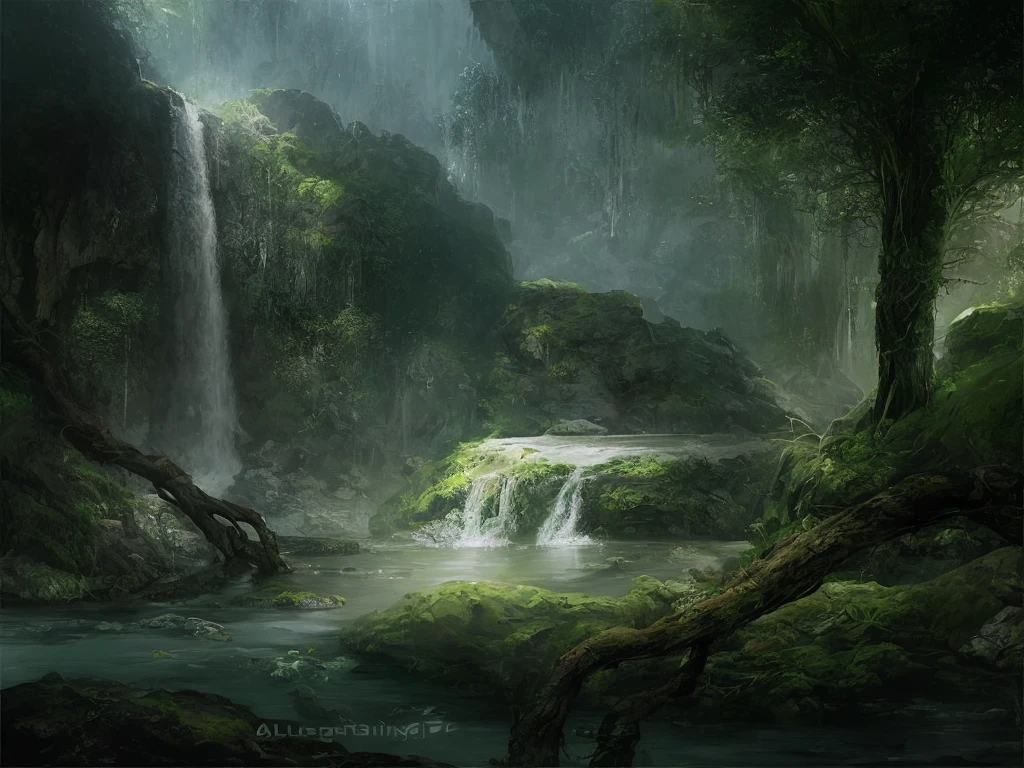 painting of a waterfall in a forest with moss and rocks, environmental concept art, highly realistic concept art, stunning concept art, environment concept art, stunning! concept art, beautiful concept art, mysterious jungle painting, realistic fantasy painting, fantasy landscape painting, fantasy digital painting, fantasy artrealistic painting, highly detailed fantasy art, high resolution concept art, fantasy art landscape