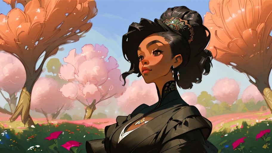 photo of a gorgeous black woman in the style of stefan kostic, renaissance style, flower background, (SevenWonders:1), fantasy landscape, sharp focus, 8 k high definition, insanely detailed, intricate, elegant, art by stanley lau and artgerm
