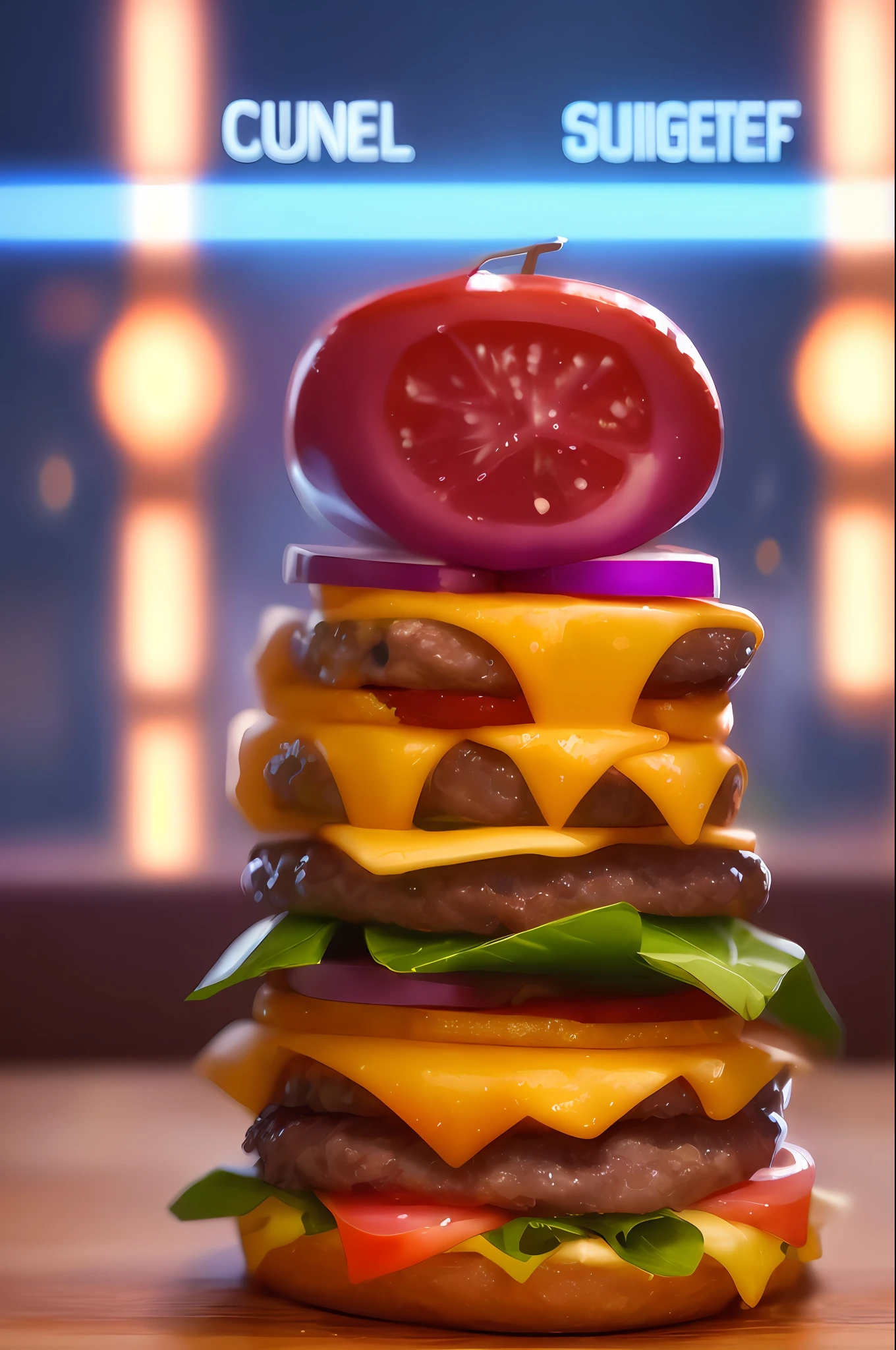((best quality)) (detailed)(juicy cheeseburger, vibrant and appetizing colors, mouth-watering details: 1.8) against dark background, professional color grading, centered, window lighting, sharp focus, advertising, octane, unreal, high resolution food photography, masterpiece, ultra detailed, highly detailed, high definition, perfect composition, intricate, cute and beautiful, award winning photography, sharp details, high resolution, all in pixar style, (high resolution and sharp :1.4)
