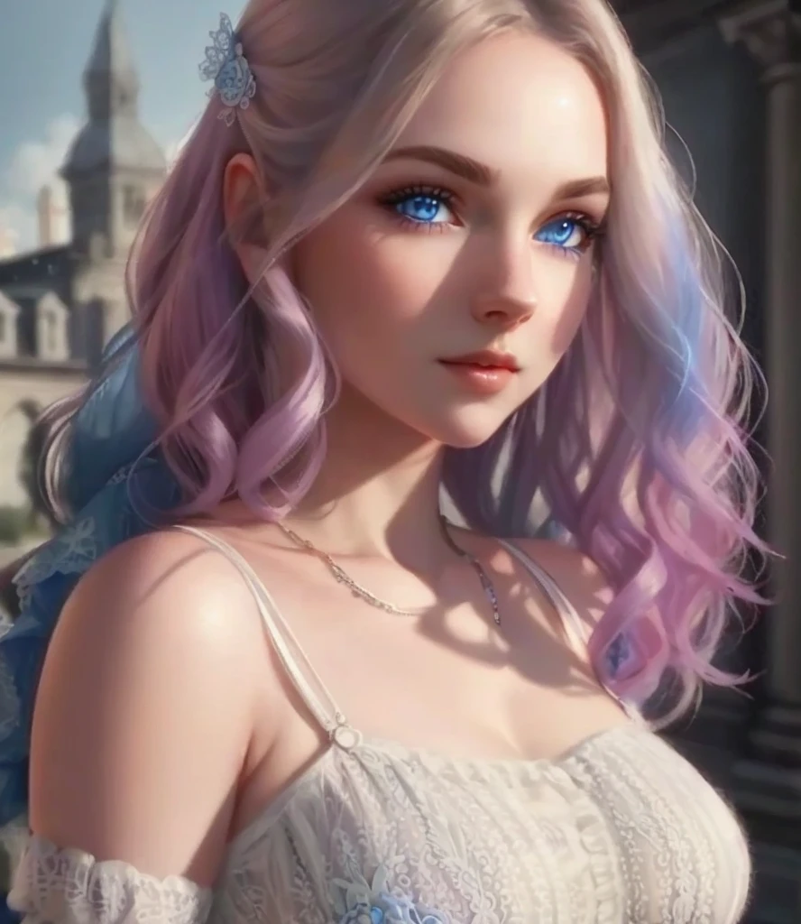 Bright blue eyes, lace top, max definition, rich details, Full HD, 8K