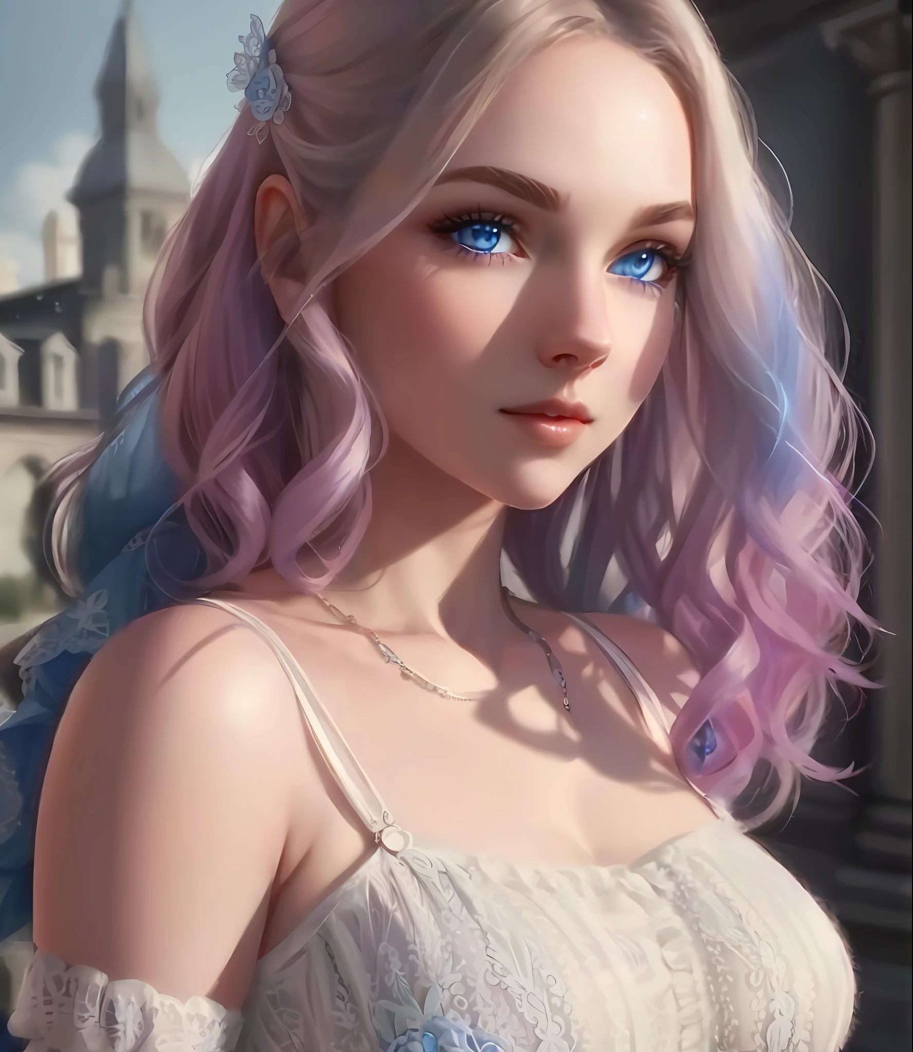Bright blue eyes, lace top, max definition, rich details, Full HD, 8K