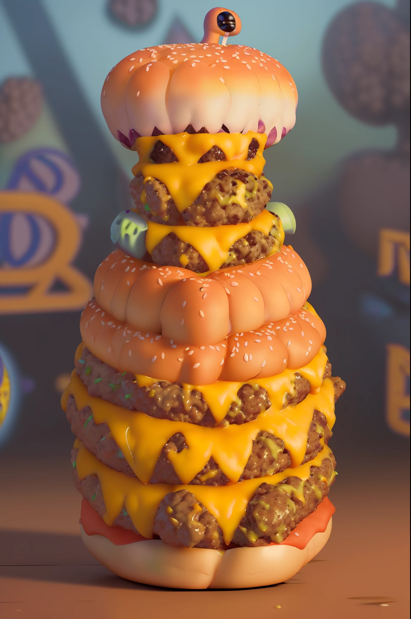 ((best quality)), ((masterpiece)), (detailed), (MOCKUP of juicy fluffy cheeseburger in fun pixar style pose:1.8), foodmade, smash, delicious, Irresistible, golden ratio symmetry, photography centered color studio, vibrant and appetizing colors, mouth-watering details, charming textures, cheerful and inviting atmosphere, against a dark background, comic style, professional color grading, photo studio window lighting, sharp focus, lighting two-tone, advertising, octane, unreal, high resolution pixar style food photography, masterpiece, ultra detailed, highly detailed, high definition, perfect composition, intricate, cute and beautiful, sharp features, pixar style commercial photography , beautiful detailed intricate octane insanderization pixar style artstation trending, award winning photography, sharp details, high resolution, stock photo, all pixar style, (fantasy illustration: 1.3), (high res and sharpness: 1.4)