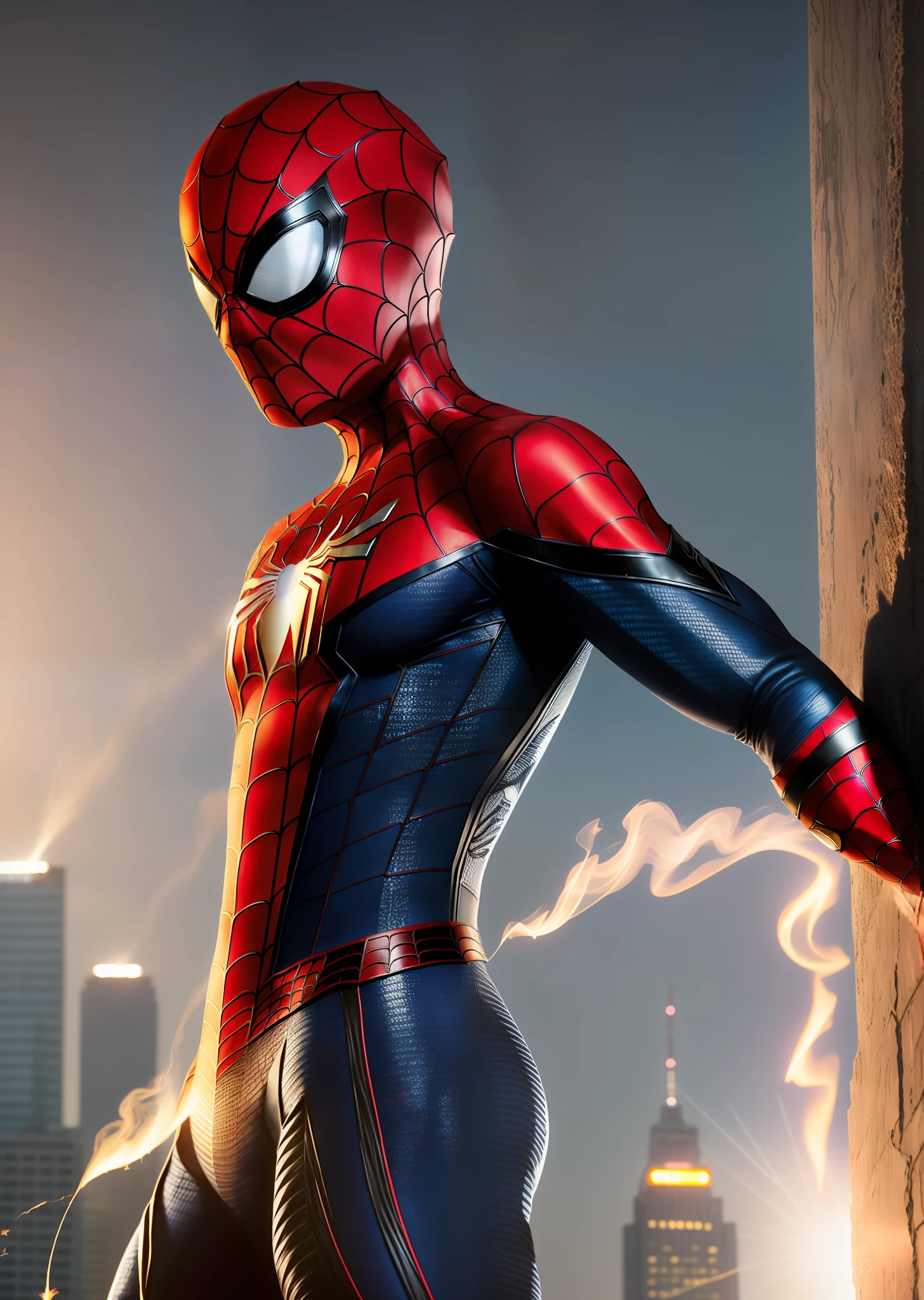 detailed Spider-Man costume, superhero pose, standing on skyscraper, hyper-detailed, smoke, sparks, sunrays, (8k), realistic, symmetrical, award-winning, heavy fog, waterlogged, film, 75mm, scratches , full body shot, close-up, torn and dirty clothes, detailed face,