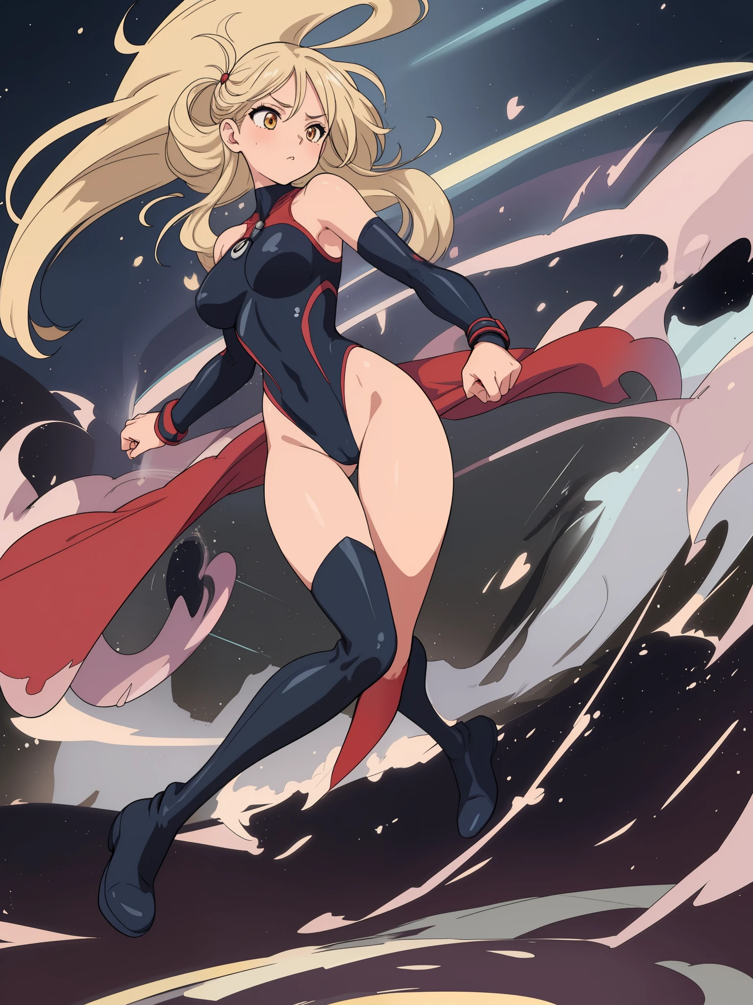 masterpiece, best quality, 1girl, female, superhero, leotard, bare legs, boots, matching boots, medium breasts, light particles, wind particles, aura, stand, standing, highleg, twirl, spin, tornado, tornado twirl, tornado spin, whirlwind, wind particles, city backdrop, time travel, solo,