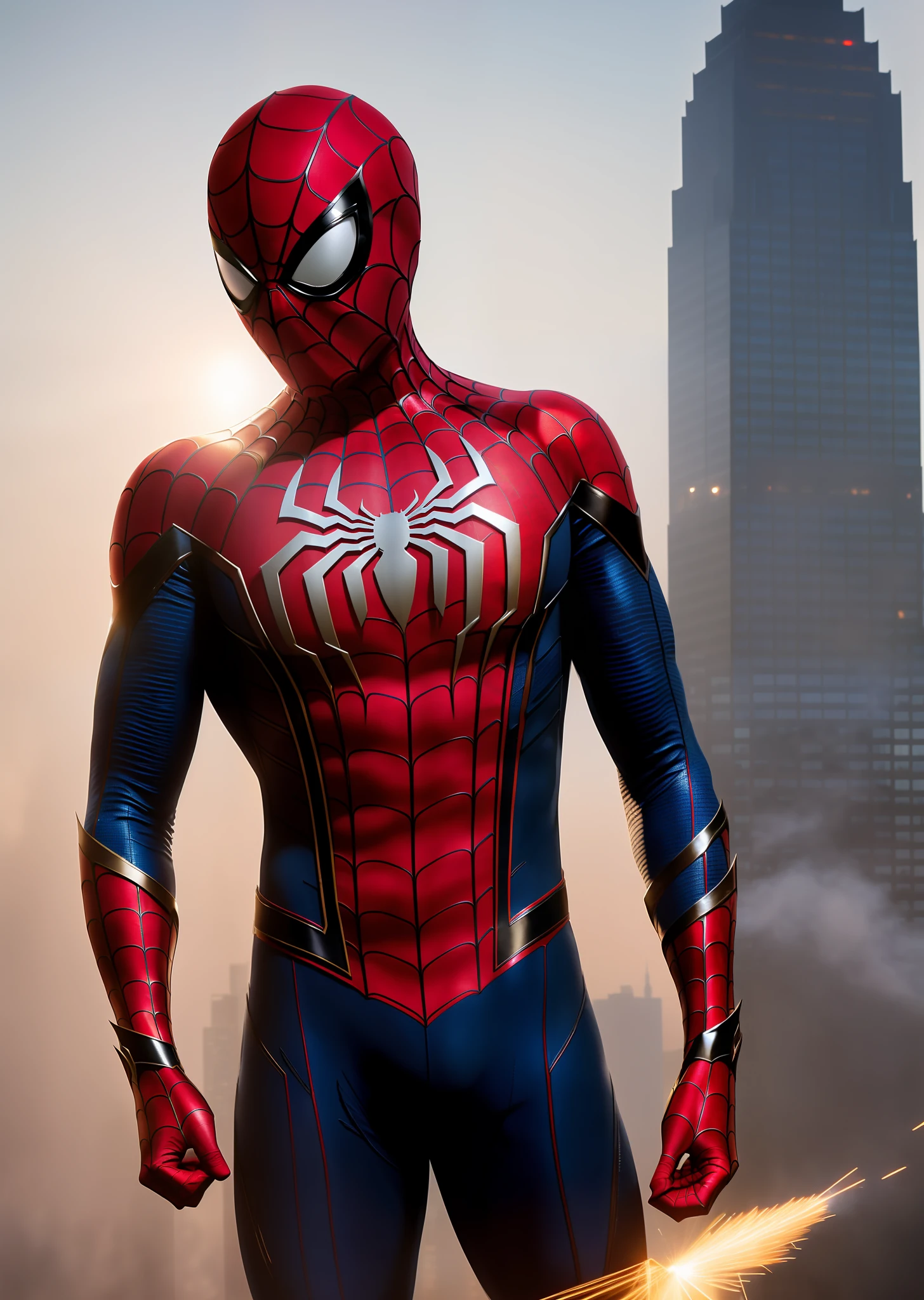 detailed Spider-Man costume, superhero pose, standing on skyscraper, hyper-detailed, smoke, sparks, sunrays, (8k), realistic, symmetrical, award-winning, heavy fog, waterlogged, film, 75mm, scratches , full body shot, close-up, torn and dirty clothes, detailed face,