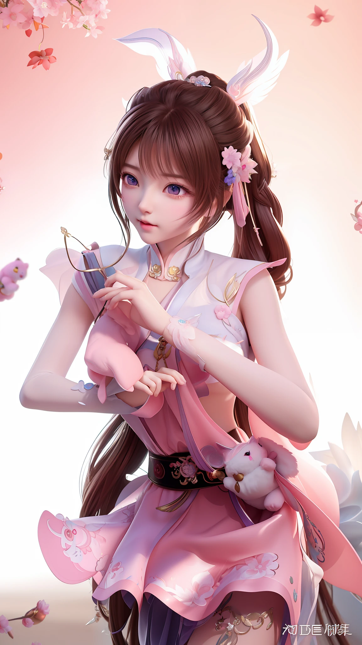 (ultra-detailed CG 8k wallpaper, best quality, masterpiece, extremely exquisite and delicate), (3D animation art, Guweiz style), (Ahri, enchanting and agile),(light and graceful Little Dance), (pure and innocent anime girl holding a pink plush toy),(charming anime female), (pure and beautiful Douluo goddess),(Guweiz classic anime art piece), (wonderful Douluo VA image essence).