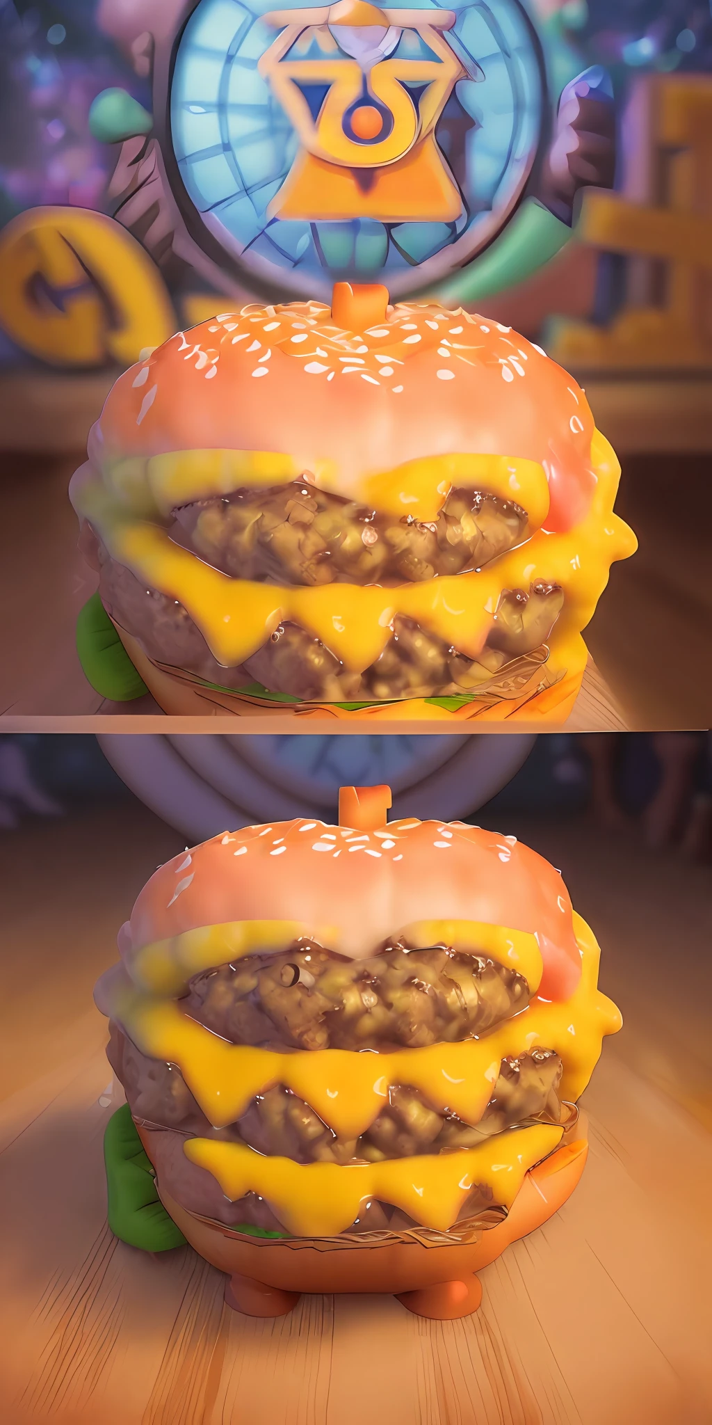 ((best quality)), ((masterpiece)), (detailed), (MOCKUP of juicy fluffy cheeseburger in fun pixar style pose:1.8), foodmade, smash, delicious, Irresistible, golden ratio symmetry, photography centered color studio, vibrant and appetizing colors, mouth-watering details, charming textures, cheerful and inviting atmosphere, against a dark background, comic style, professional color grading, photo studio window lighting, sharp focus, lighting two-tone, advertising, octane, unreal, high resolution pixar style food photography, masterpiece, ultra detailed, highly detailed, high definition, perfect composition, intricate, cute and beautiful, sharp features, pixar style commercial photography , beautiful detailed intricate octane insanderization pixar style artstation trending, award winning photography, sharp details, high resolution, stock photo, all pixar style, (fantasy illustration: 1.3), (high res and sharpness: 1.4)