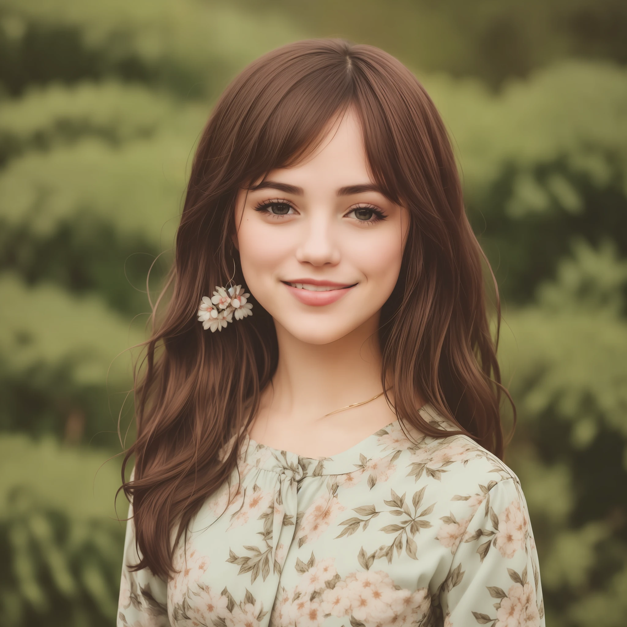 RAW photo, a portrait of brunette woman, smiling wearing flowery clothes, daytime, in a grassy garden, (highly detailed skin: 1.2), 8k uhd, dslr, soft lighting, high quality, film grain, Fujifilm XT3