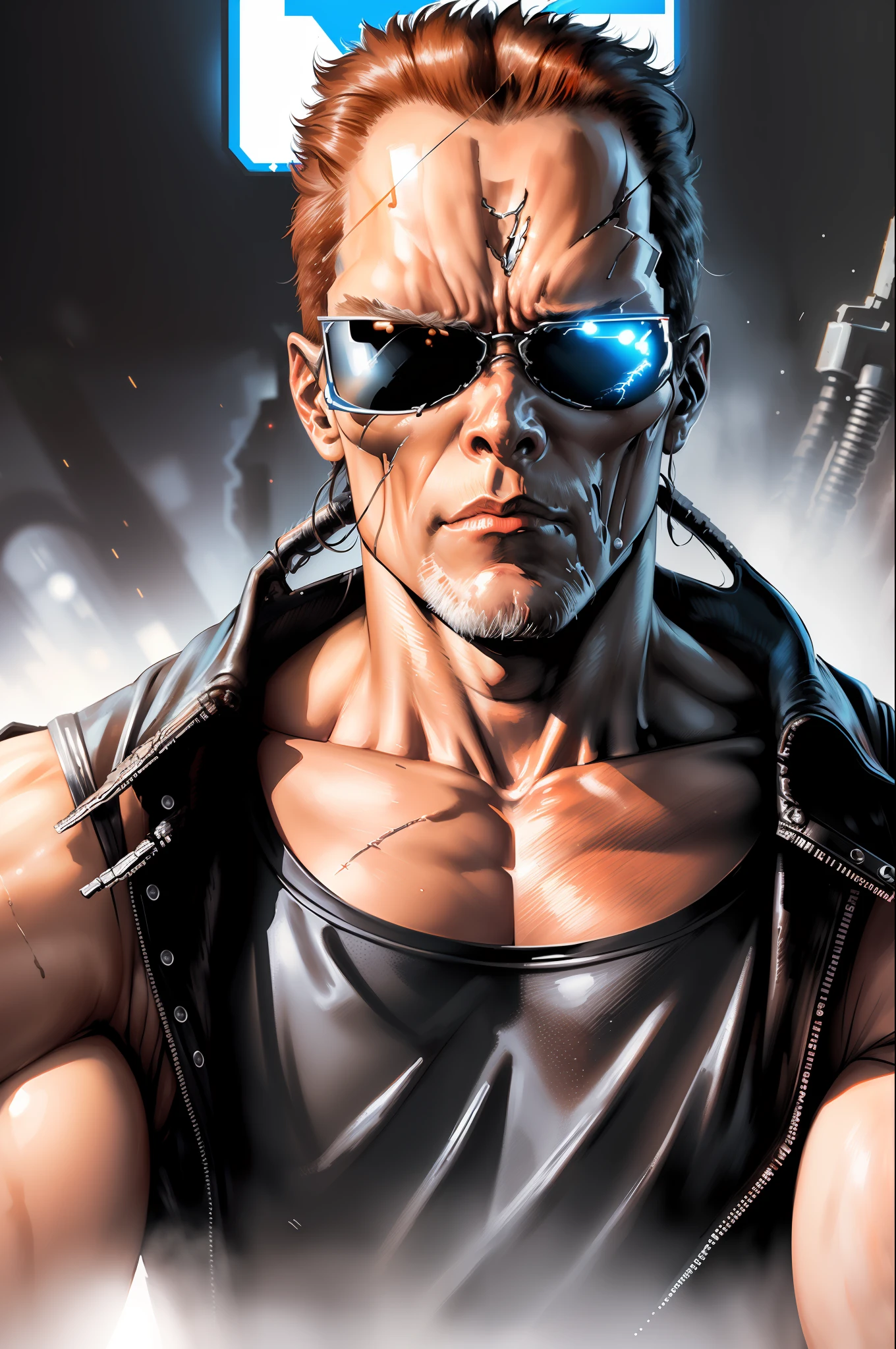 ((Terminator:1.2)): an epic and thrilling scene that captures the story's dark, futuristic tone, with white-hot flashes of light and shadow casting the iconic figure in the center in a stark relief, dynamic camera movement and angle, intense colors, mind-blowing special effects, a true work of art.