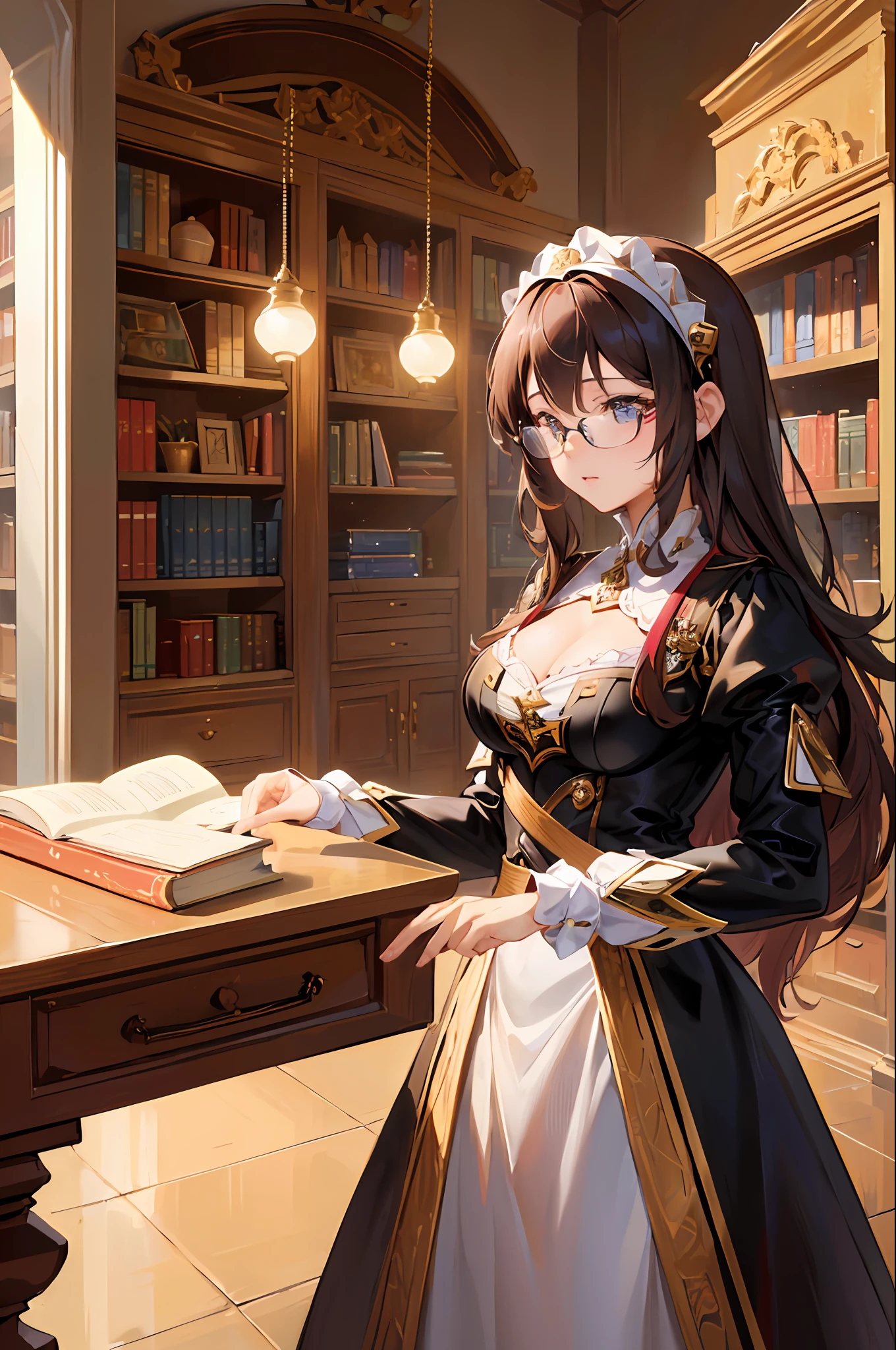 ((masterpiece)), ((best quality)), (best landscape), (maximum 16k resolution), (amazing colors), (artistic and cinematic background), (best anime artist), (Wlop), (artgerm lau), (Sandro Botticelli), (anime girl), (oil painting), (detailed), (natural lighting), a young girl, in a library, long straight brown hair down to below her waist, wearing a nice black dress lace, prescription glasses on her beautiful delicate face, back of a library with several shelves with books, lamps illuminating the place leaving a dark and dimly lit air.