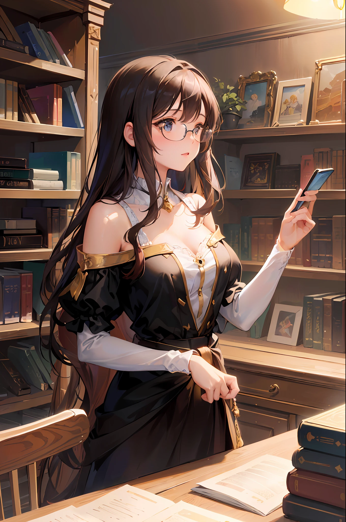 ((masterpiece)), ((best quality)), (best landscape), (maximum 16k resolution), (amazing colors), (artistic and cinematic background), (best anime artist), (Wlop), (artgerm lau), (Sandro Botticelli), (anime girl), (oil painting), (detailed), (natural lighting), a young girl, in a library, long straight brown hair down to below her waist, wearing a nice black dress lace, prescription glasses on her beautiful delicate face, back of a library with several shelves with books, lamps illuminating the place leaving a dark and dimly lit air.