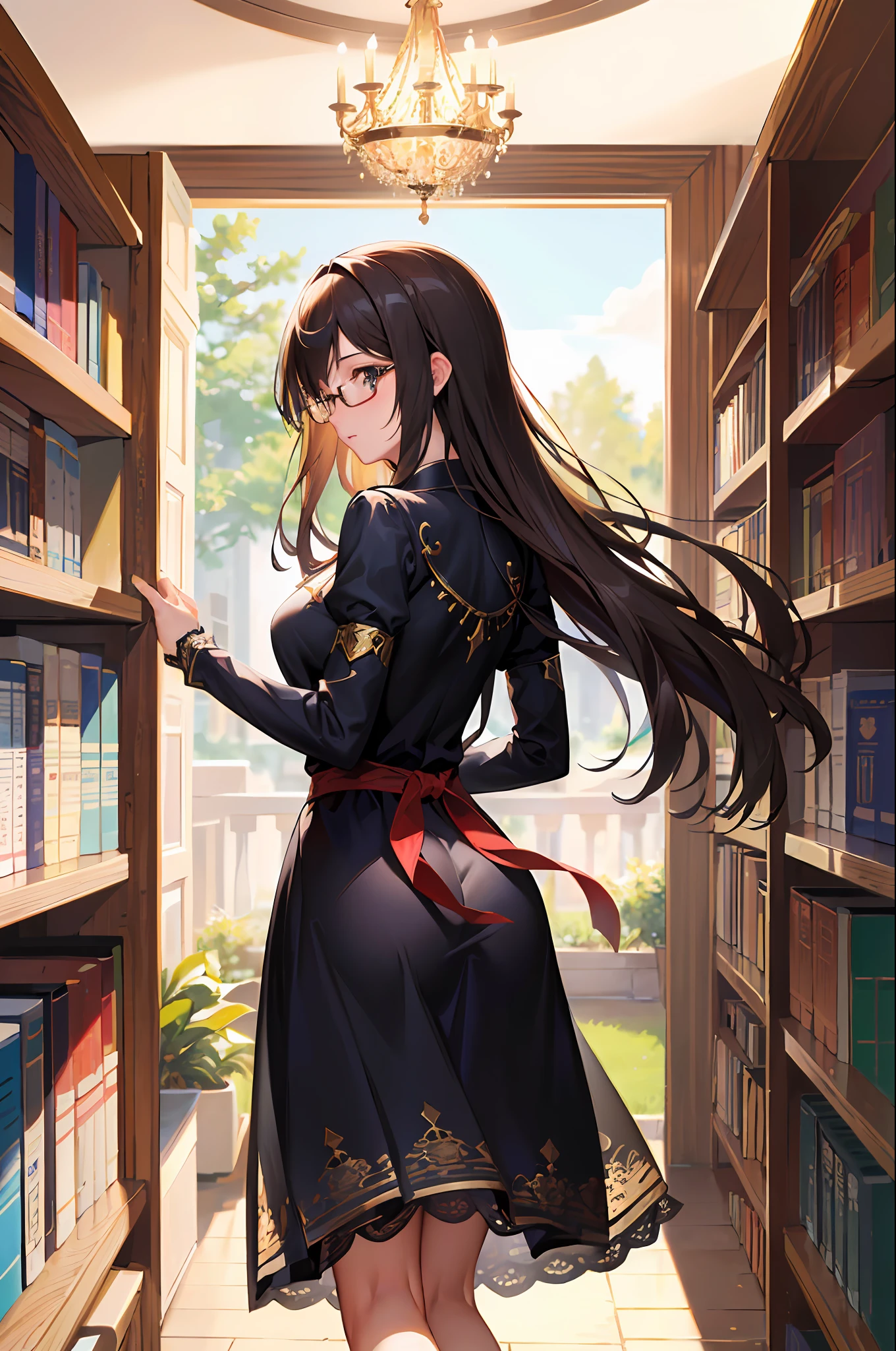 ((masterpiece)), ((best quality)), (best landscape), (maximum 16k resolution), (amazing colors), (artistic and cinematic background), (best anime artist), (Wlop), (artgerm lau), (Sandro Botticelli), (anime girl), (oil painting), (detailed), (natural lighting), a young girl, in a library, long straight brown hair down to below her waist, wearing a nice black dress lace, prescription glasses on her beautiful delicate face, back of a library with several shelves with books, lamps illuminating the place leaving a dark and dimly lit air.