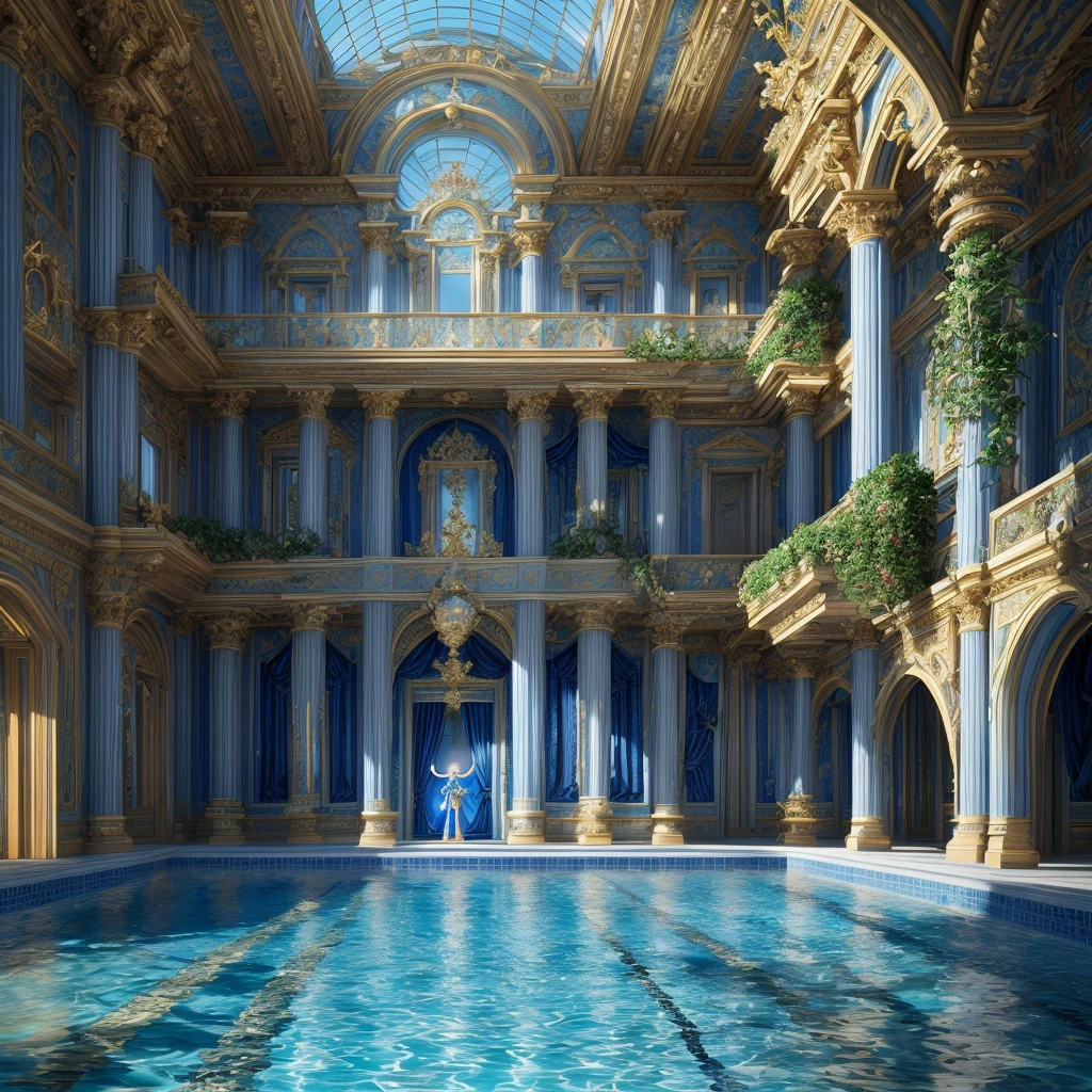 An incredibly detailed 8K CGI artwork featuring a teenage boy king stands before by a grand fantasy swimming pool and the luxurious backdrop of a royal palace. Every intricate detail of the vibrant blue water's reflection and the intricate surroundings is masterfully rendered, creating an otherworldly atmosphere that captivates the senses. two storied height, indoor pool