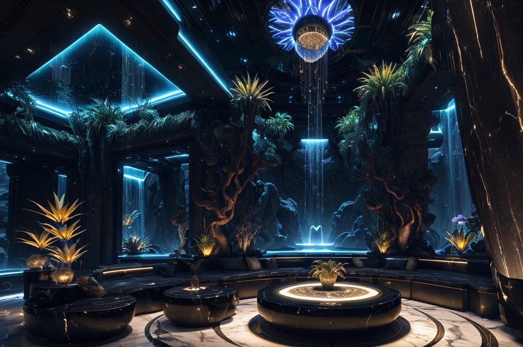 incredible black luxurious futuristic interior in Ancient Egyptian style with many ((lush plants)) (lotus flowers), ((palm trees)), rocky walls, (sand), (waterfalls), (marble), ((precious minerals)), ((metals)), (gemstones), crystals, clouds and ((water)), futuristic luxury furniture, crocodiles, (egyptian hieroglyphs), (((ultra luxury))), (black marble) – with ((beautiful lights)), Unreal Engine, HQ, 16k