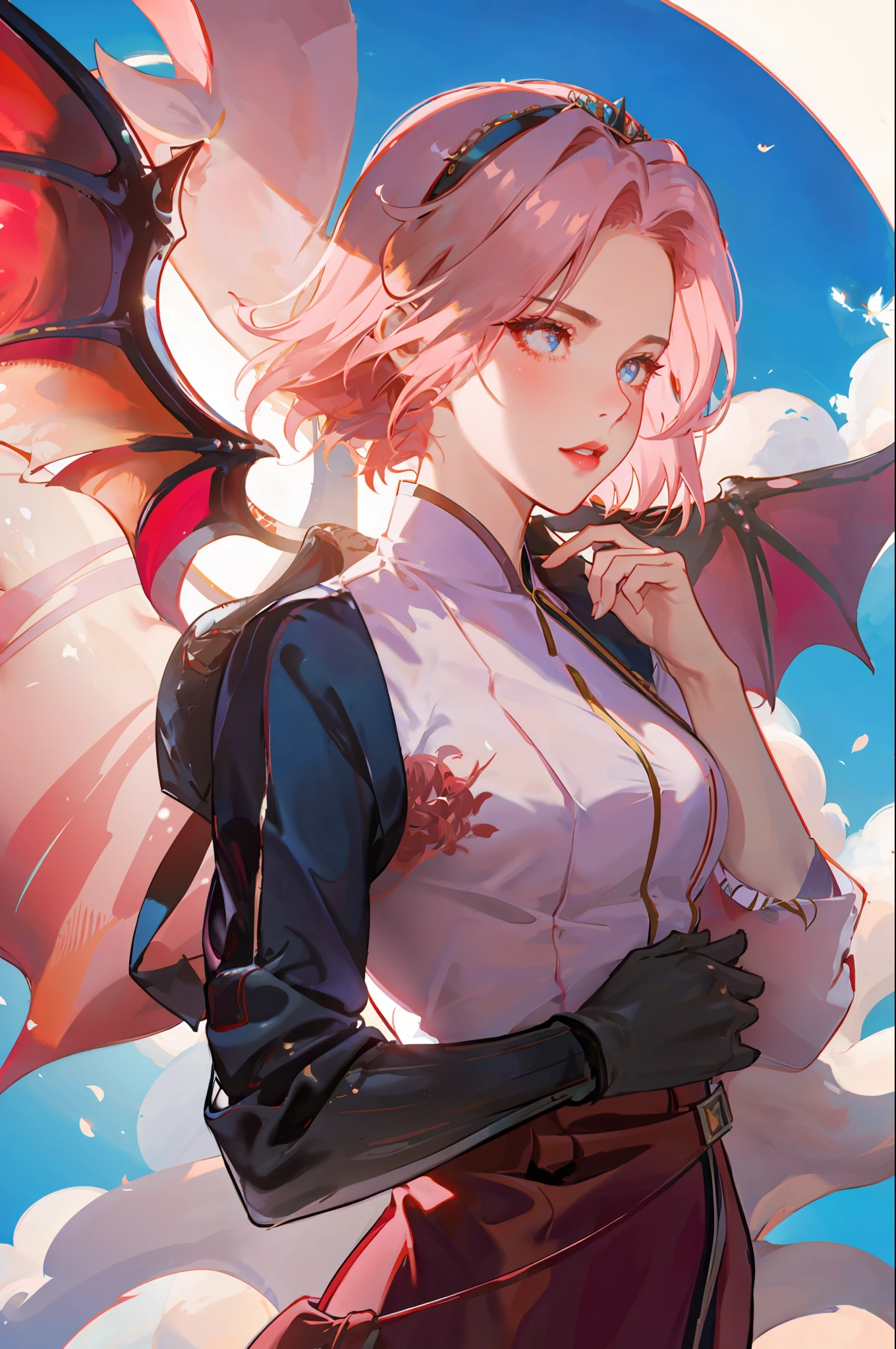 Queen of dragons, beautiful woman, seductress, standing, with wings coming out of her back, sensual eyes, red dress, forehead showing, queen, pink hair, delicate, young, short hair, full body, League of Legends, trend At the Artstation, by Rhads, Andreas Rocha, Rossdraws, Makoto Shinkai, Laurie Greasley, Lois Van Baarle, Ilya Kuvshinov and Greg Rutkowski