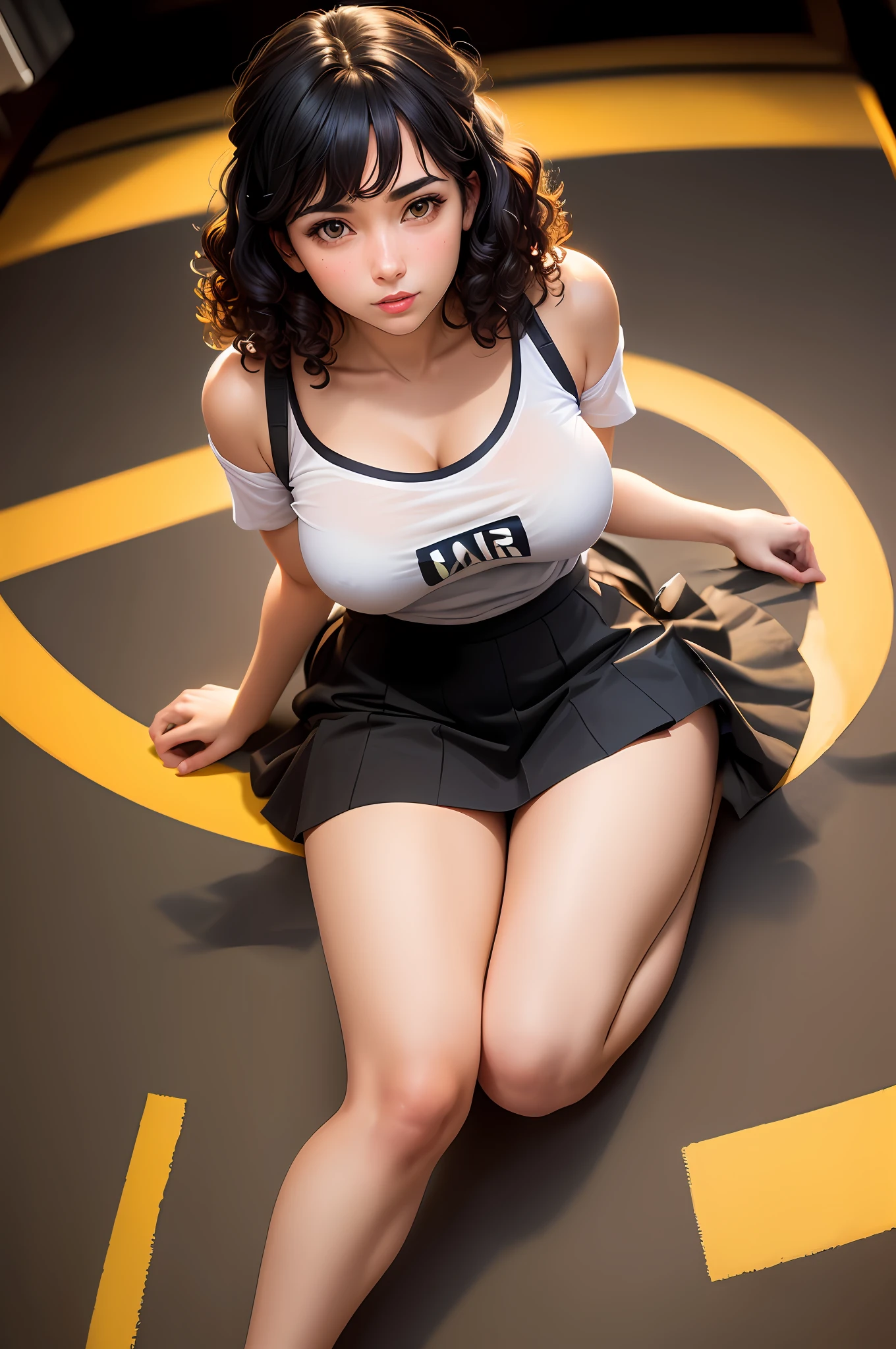 full body, ((top view)), kneeling position, hands on knees, facing front, young woman, 25 years old, (black hair, short curls: 1.2), yellow eyes, (POV, first-person view) , black skirt, white t-shirt, (black top), (masterpiece), finest quality, extremely detailed, studio quality, fisheye lens, Alex Maleev, professional, canon camera, nikon camera, sharp, bokeh, por Robert Capa