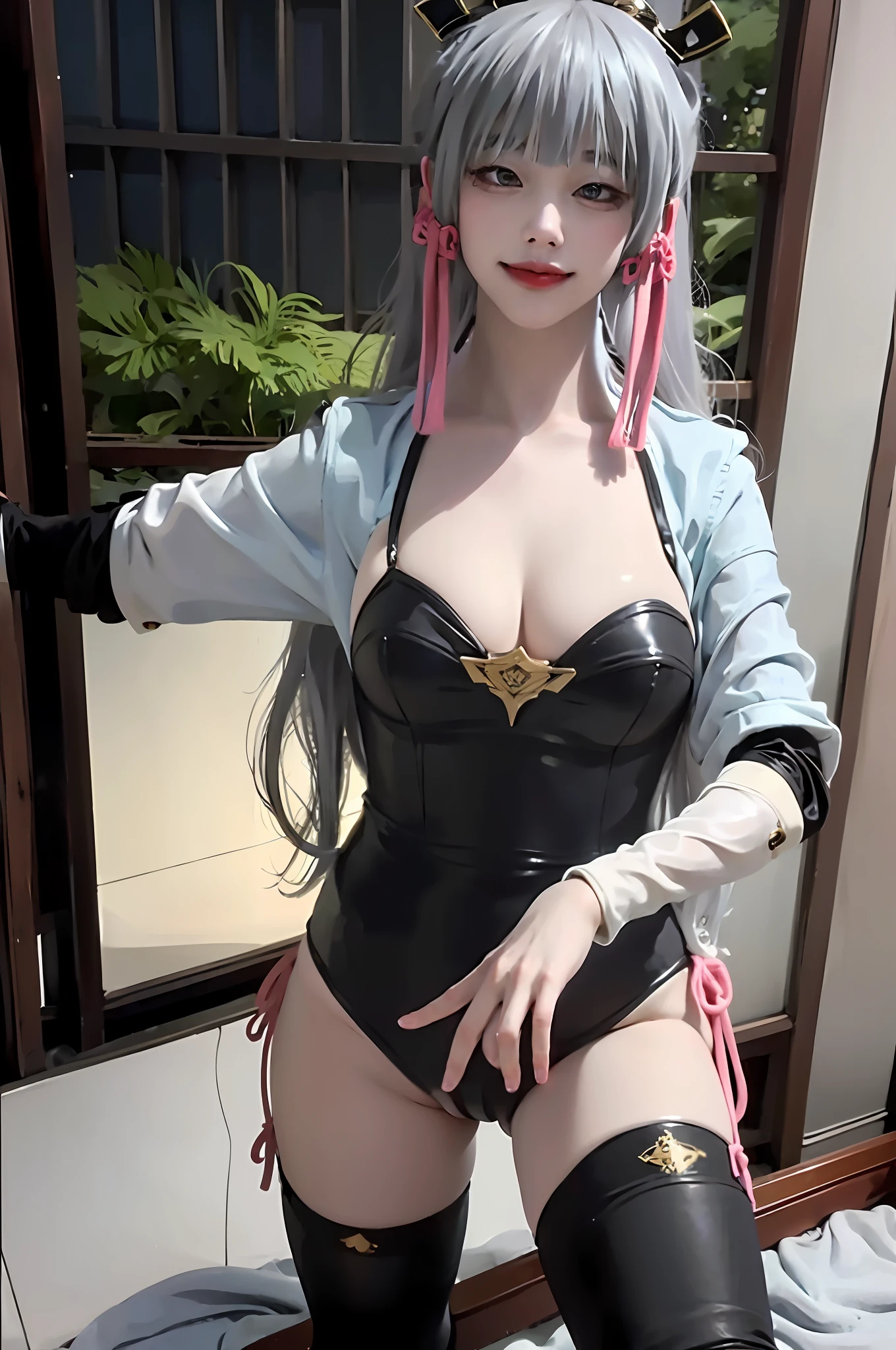 (Highly detailed CG unity 8k wallpaper), (Masterpiece), (Highest quality), (Portrait), (Highest illustration), (Highest shadow), (Realistic:1.4), 1girl on street, Kpop idol, ((Very over Size sweater, button sweater, open sweater), (gray hair: 1.1), collarbone, (middle chest: 1.3), viewer, smile, full body, (latex clothes, latex stockings, coquettish smile, clothes smooth texture) ,{latex swimsuit},