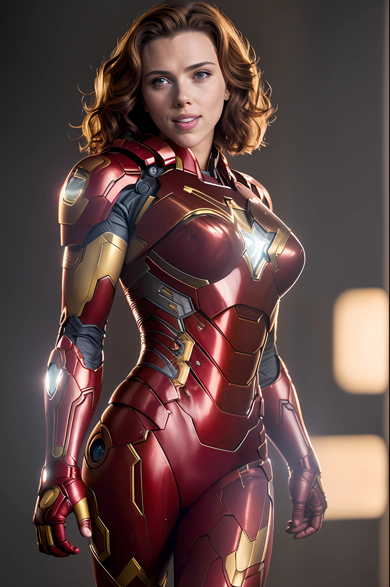 sexy Scarlett Johansson woman in Iron Man suit, Night, soft lighting, dynamic angle, realistic lighting, smiling, happy, Wonder Woman movie scene background, photo by Brooke DiDonato, (natural skin texture, hyperrealism, soft light, sharp :1.2), (intricate details:1.12), hdr masterpiece, best quality, (highly detailed photo:1.1), 8k, photorealistic, (SFW),