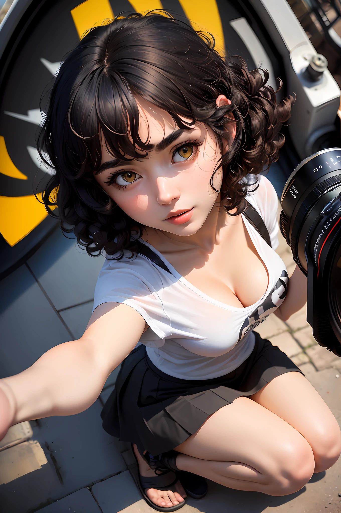 full body, ((top view)), kneeling position, hands on knees, facing front, young woman, 25 years old, (black hair, short curls: 1.2), yellow eyes, (POV, first-person view) , black skirt, white t-shirt, (black top), (masterpiece), finest quality, extremely detailed, studio quality, fisheye lens, Alex Maleev, professional, canon camera, nikon camera, sharp, bokeh, por Robert Capa