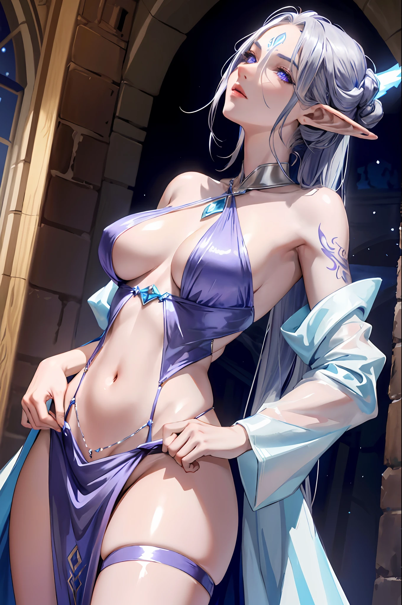A tall and beautiful elf woman, light blue glowing eyes, cold expression, proud posture, chest up, lavender skin, purple facial tattoos, silver tied hair, exposed chest, exposed shoulders , showing her navel and thighs, looking up at the camera, in a medieval inn.