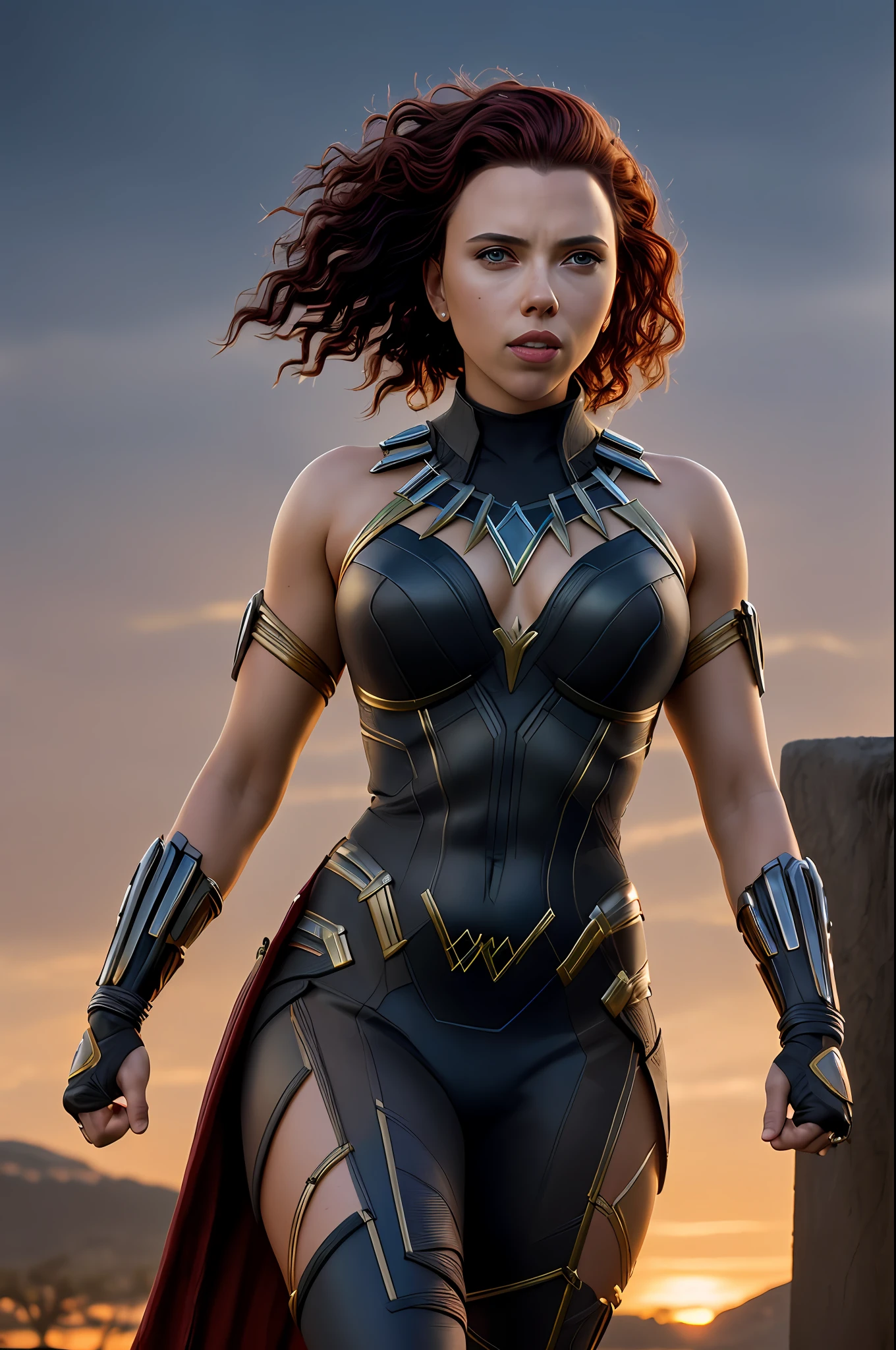 sexy woman Scarlett Johansson in Black Panther costume movie Wakanda Forever, night, soft lighting, dynamic angle, realistic lighting, smiling, happy, Wonder Woman movie scene background, photo by Brooke DiDonato, (natural skin texture, hyperrealism , soft light, sharp: 1.2), (complex details: 1.12), hdr masterpiece, best quality, (highly detailed photo: 1.1), 8k, photorealistic, (SFW),