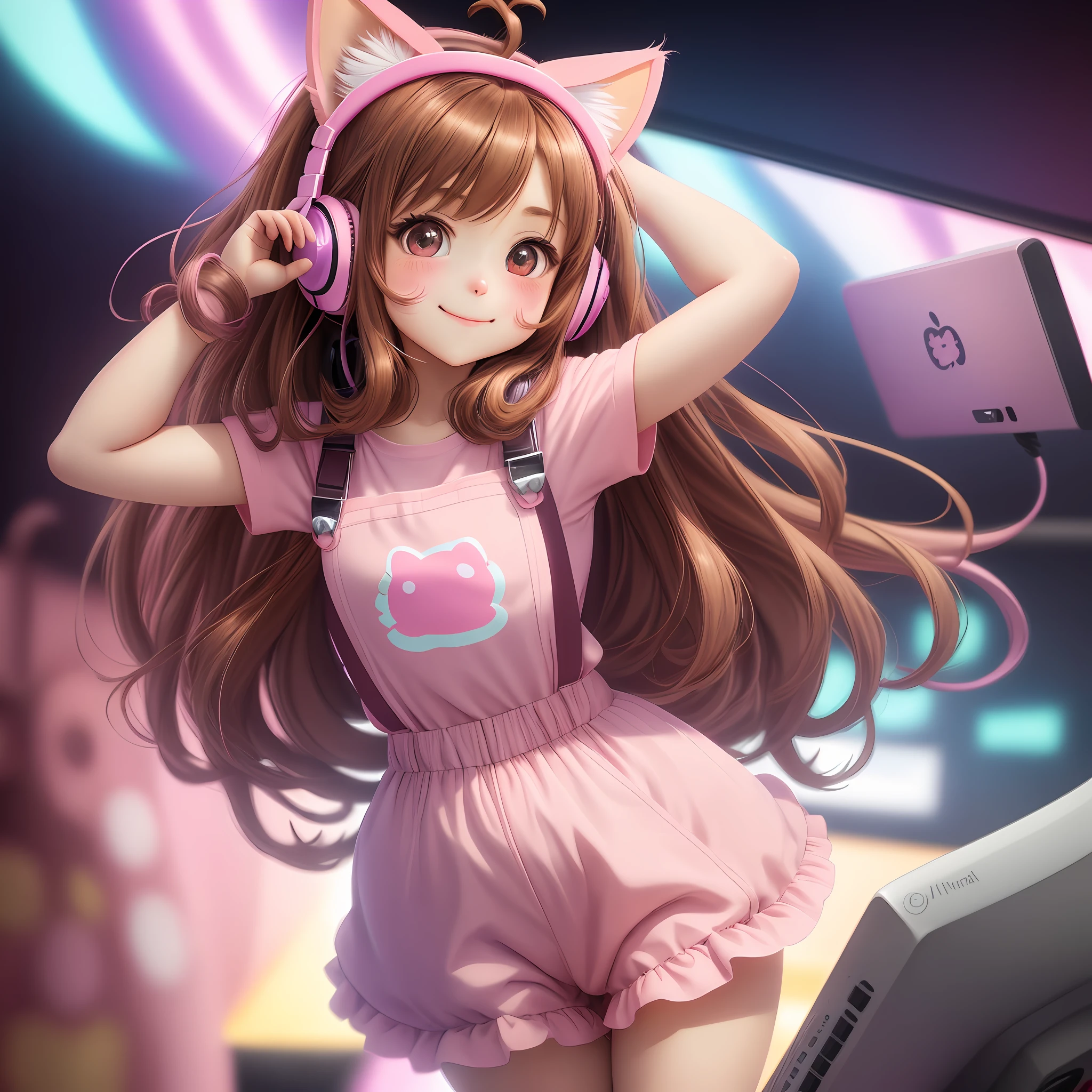4k, Single girl, Cartoon style, beautiful, full body, anime, cute(Pixart) (best picture) colorful, kawaii, anime, Cute little girl, gamer, long brown hair, by Maria Chiquinha, wearing (pink kitten ears headphones) , mischievous, beautiful big eyes with reflections, pink overalls outfit, on the computer, cheerful