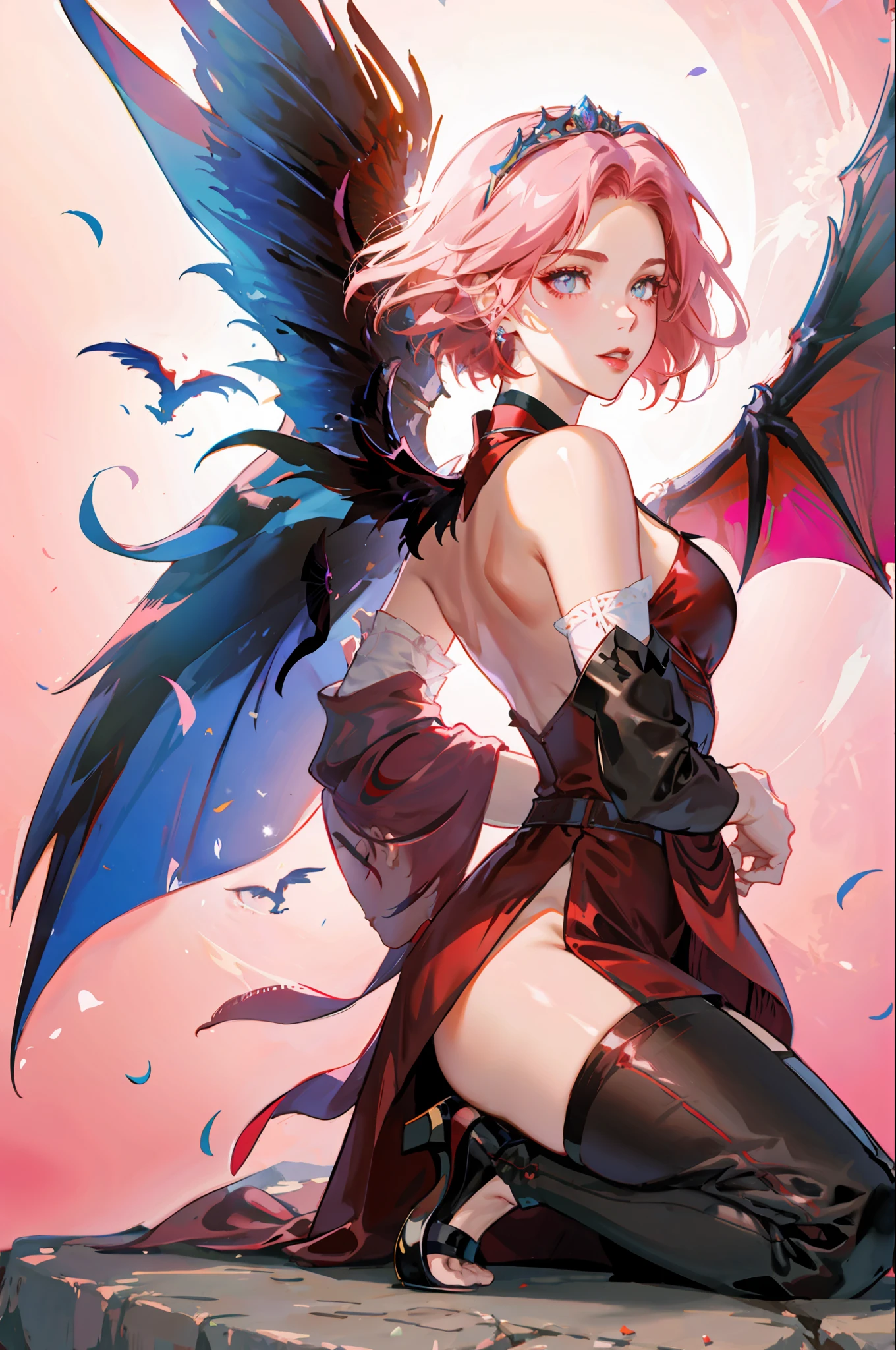Queen of Dragons, beautiful woman, seductive, dark, standing, with wings coming out of her back, sensual eyes, red dress, forehead showing, queen, pink hair, delicate, young, short hair, full body, by League of Legends , trending on artstation, by rhads, andreas Rocha, rossdraws, makoto shinkai, laurie greasley, lois van baarle, ilya kuvshinov and greg rutkowski