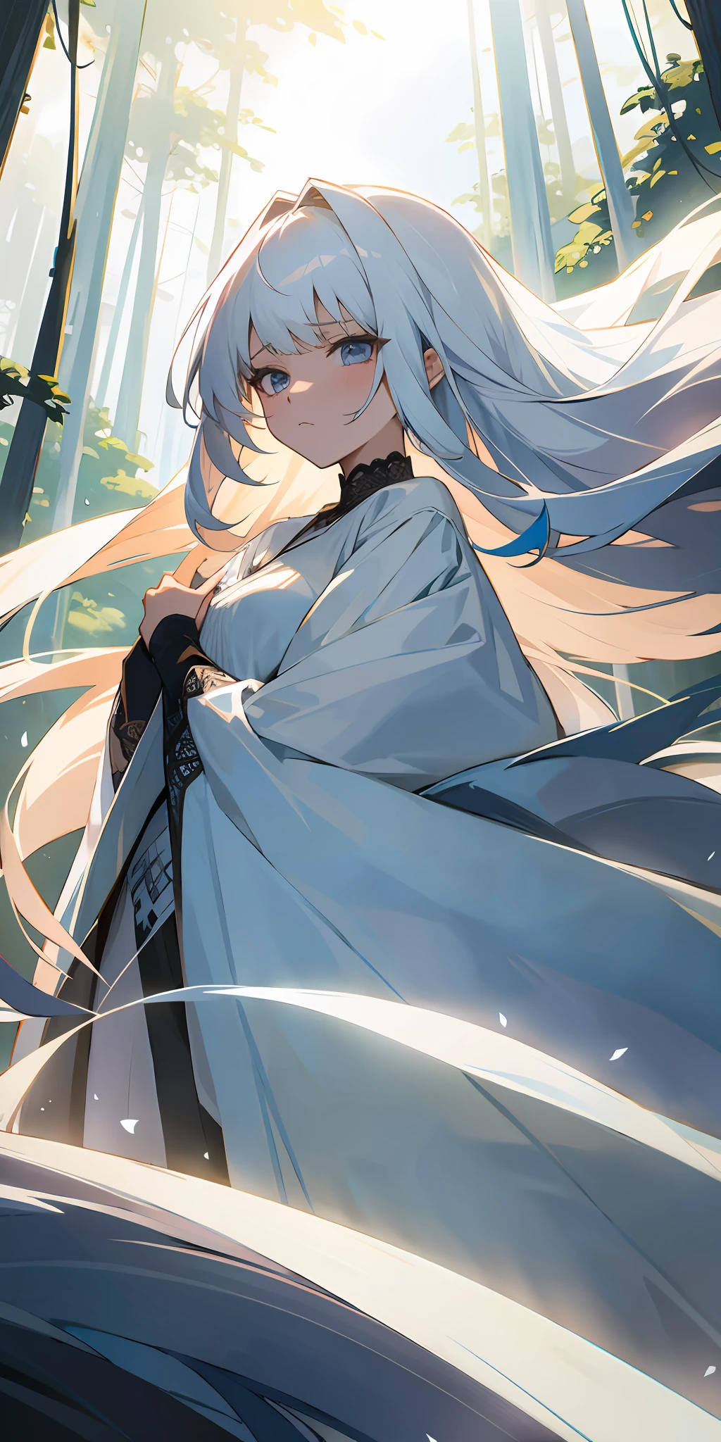 ((best quality)),(masterpiece),(best artist),(best lighting),(best quality),(best desinger),(best drawing),(anime girl),(best intensity),(amazing) landscape background), a girl (long white hair with bangs), wearing a white silk dress with long lace sleeves, waterfall background with a forest, incredible dark lighting with almost no light, highlighting the beautiful girl who is with an expression serious, showing her melancholy expression.