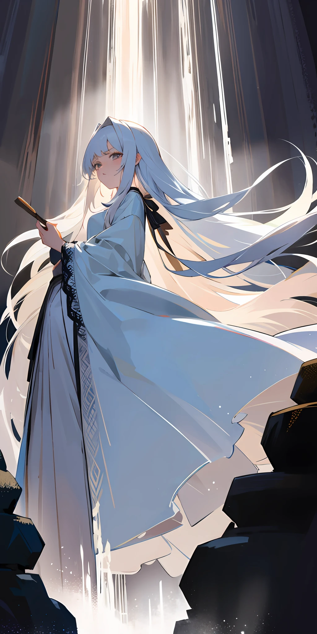 ((best quality)),(masterpiece),(best artist),(best lighting),(best quality),(best desinger),(best drawing),(anime girl),(best intensity),(amazing) landscape background), a girl (long white hair with bangs), wearing a white silk dress with long lace sleeves, waterfall background with a forest, incredible dark lighting with almost no light, highlighting the beautiful girl who is with an expression serious, showing her melancholy expression.