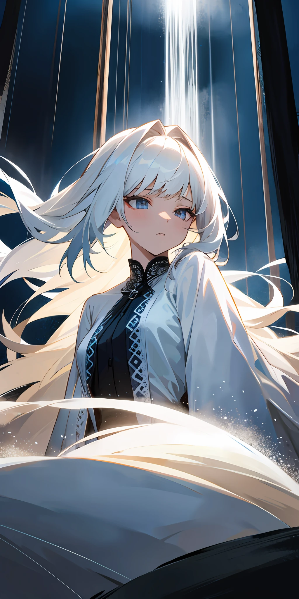 ((best quality)),(masterpiece),(best artist),(best lighting),(best quality),(best desinger),(best drawing),(anime girl),(best intensity),(amazing) landscape background), a girl (long white hair with bangs), wearing a white silk dress with long lace sleeves, waterfall background with a forest, incredible dark lighting with almost no light, highlighting the beautiful girl who is with an expression serious, showing her melancholy expression.