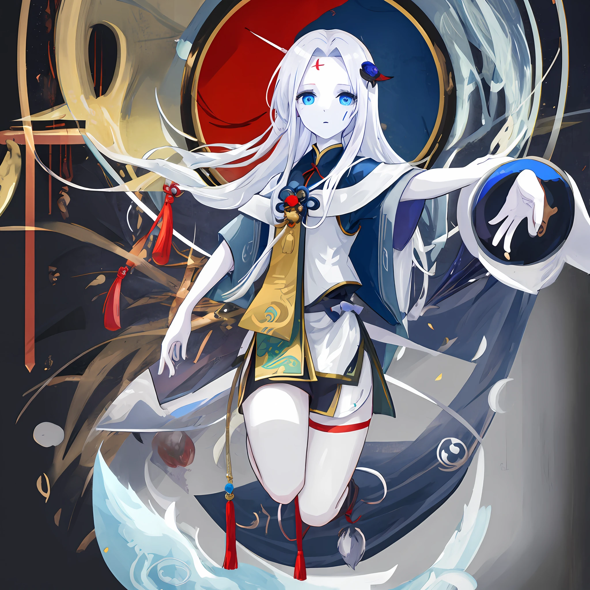 (Highest picture quality), (Master's work), (Detailed eye description), (8K wallpaper),(Detailed face description),
colorful,looking at viewer,solo,(full body:1.1),
(Jiangshi:1.4|((mecha body:1.1),detail mecha body,wet body,(mechanical wings),(giant wings:1.1),detail wings):0.5), expressionless, pale skin, blue eyes, forehead mark,
ba gua, tai chi, yin yang, claws, death,
[chinese clothes, china dress,[taoist robes, celestial being uniform]],