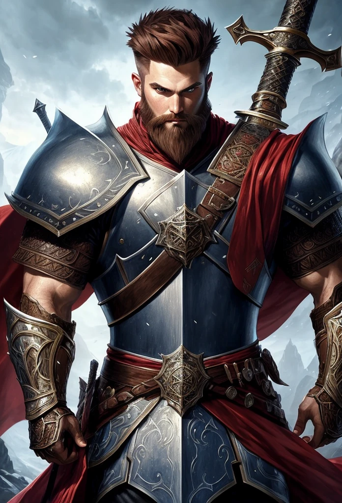 man with short beard, epic rpg portrait, fantasy male portrait, rpg portrait concept art, male warrior, fantasy concept art portrait, epic portrait illustration, detailed character portrait, one human warrior, big black armor with details red, full armor, blue eyes, short hair, brown hair, dungeons and dragons character, detailed hands, cape, holding a sword, sword, High Detail