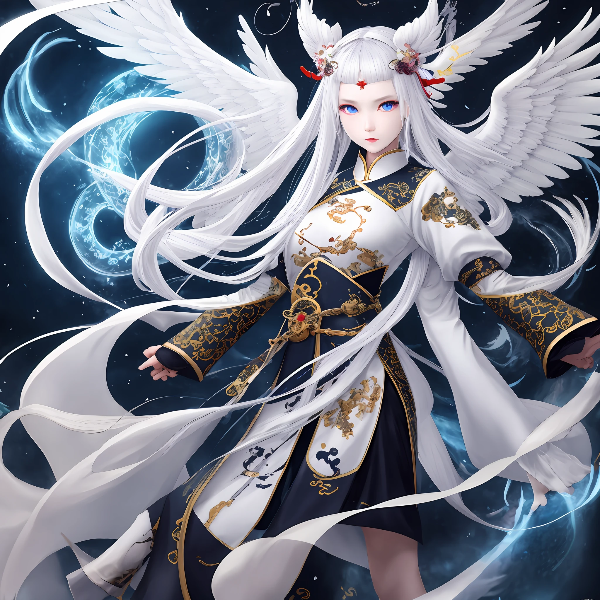 (Highest picture quality), (Master's work), (Detailed eye description), (8K wallpaper),(Detailed face description),
colorful,looking at viewer,solo,(full body:1.1),
(Jiangshi:1.4|((mecha body:1.1),detail mecha body,wet body,(mechanical wings),(giant wings:1.1),detail wings):0.5), expressionless, pale skin, blue eyes, forehead mark,
ba gua, tai chi, yin yang, claws, death,
[chinese clothes, china dress,[taoist robes, celestial being uniform]],