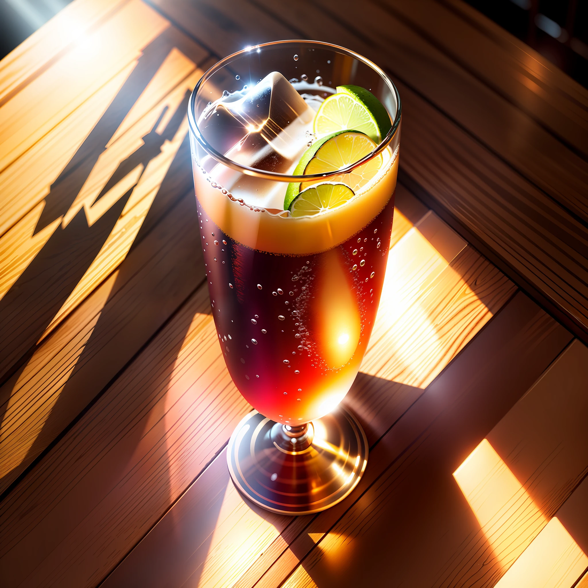 A glass of sparkling water on a wooden table, shadows, studio lighting, 8k, hyper realistic