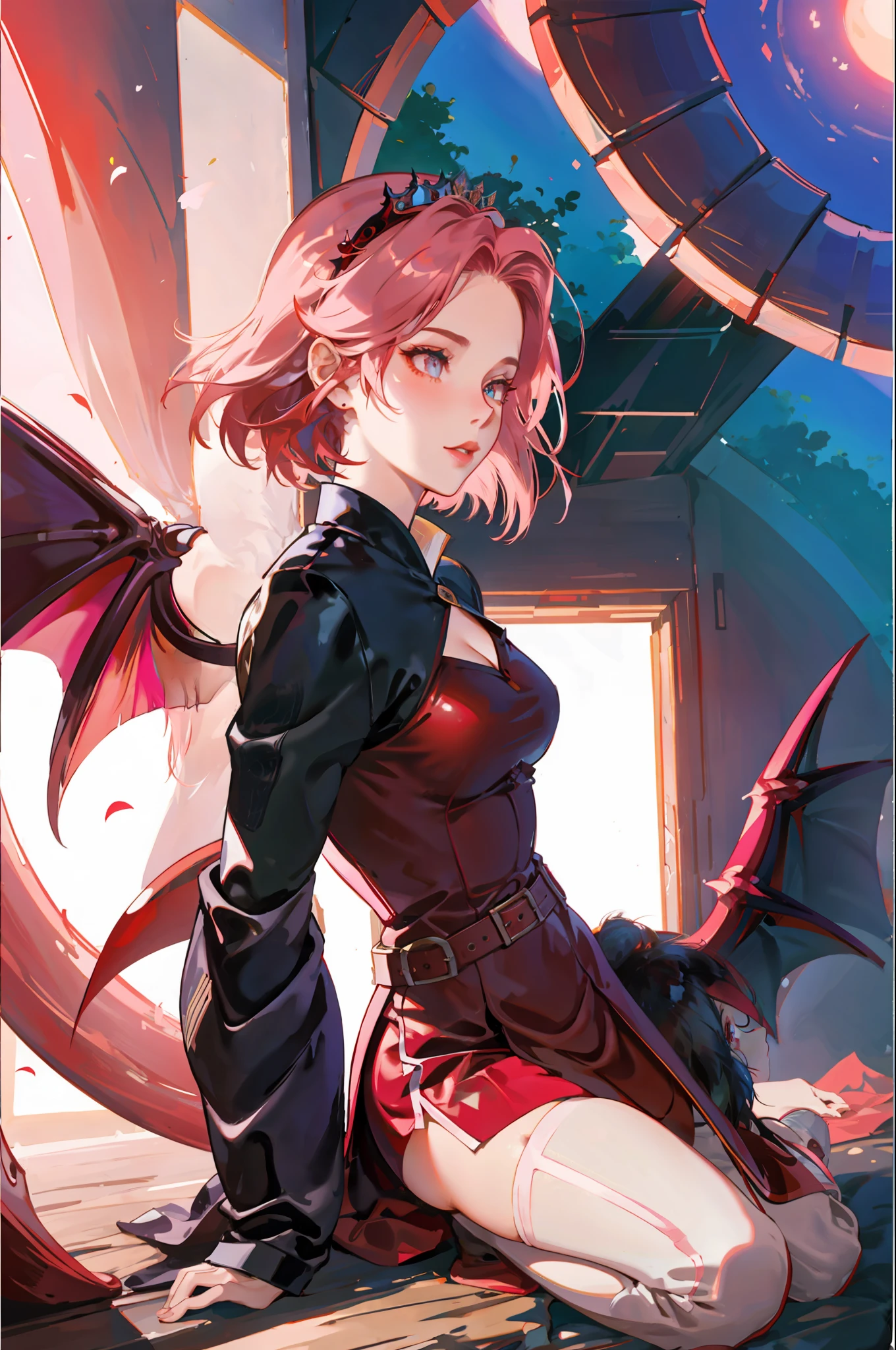 Queen of Dragons, beautiful woman, seductive, dark, standing, with wings coming out of her back, sensual eyes, red dress, forehead showing, queen, pink hair, delicate, young, short hair, full body, by League of Legends , trending on artstation, by rhads, andreas Rocha, rossdraws, makoto shinkai, laurie greasley, lois van baarle, ilya kuvshinov and greg rutkowski