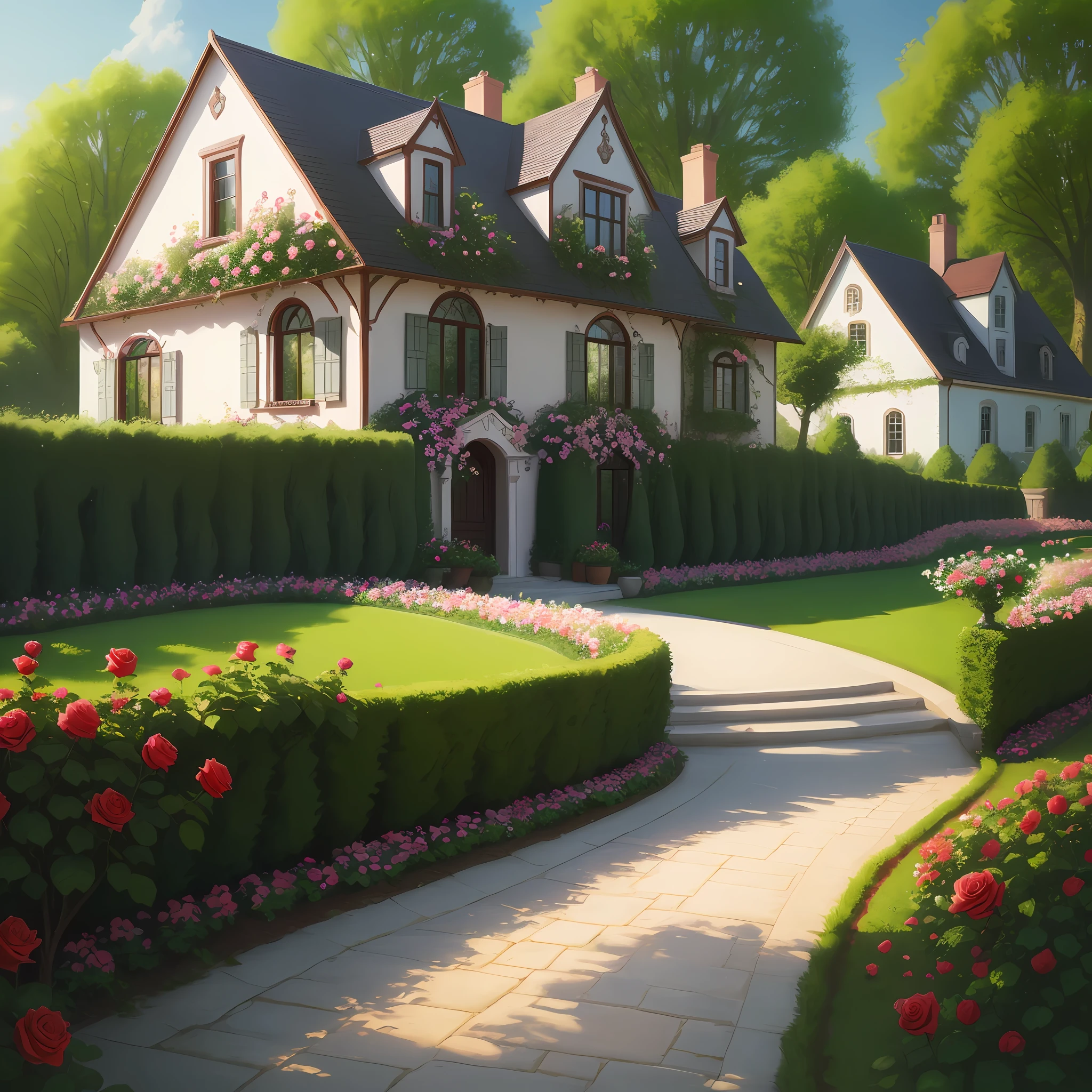 A beautiful rose with perfect details, garden with a beautiful house in the background, oil paint colors, 4k, hd