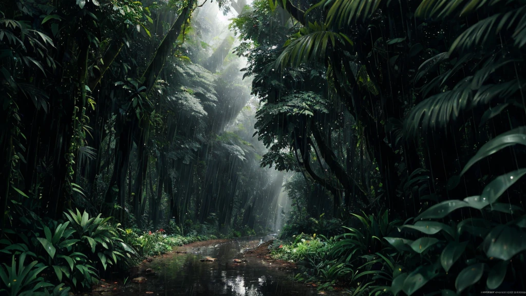 A jungle, with intense rainfall, monochromatic, vines all around, giant and wet trees, masterpiece, best quality, high quality, extremely detailed CG unity 8k wallpaper, oil paiting, award winning photography, Bokeh, Depth of Field, HDR, bloom, Chromatic Aberration ,Photorealistic,extremely detailed, trending on artstation, trending on CGsociety, Intricate, High Detail, dramatic, art by midjourney, volumetric lighting. Image Size : 960x536