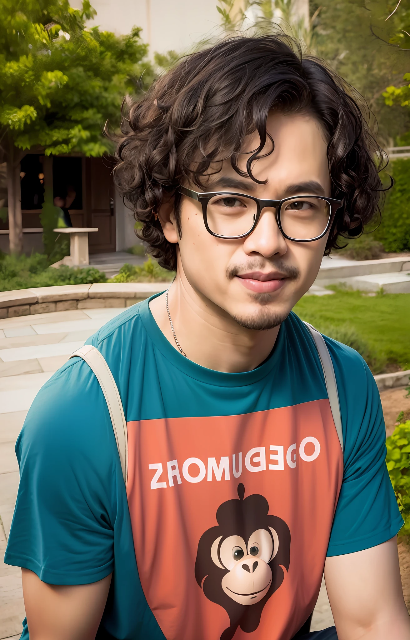 there is a man standing on the bench in the zoo Smiling at the camera, curly hair, wearing glasses, monkey cartoon t-shirt