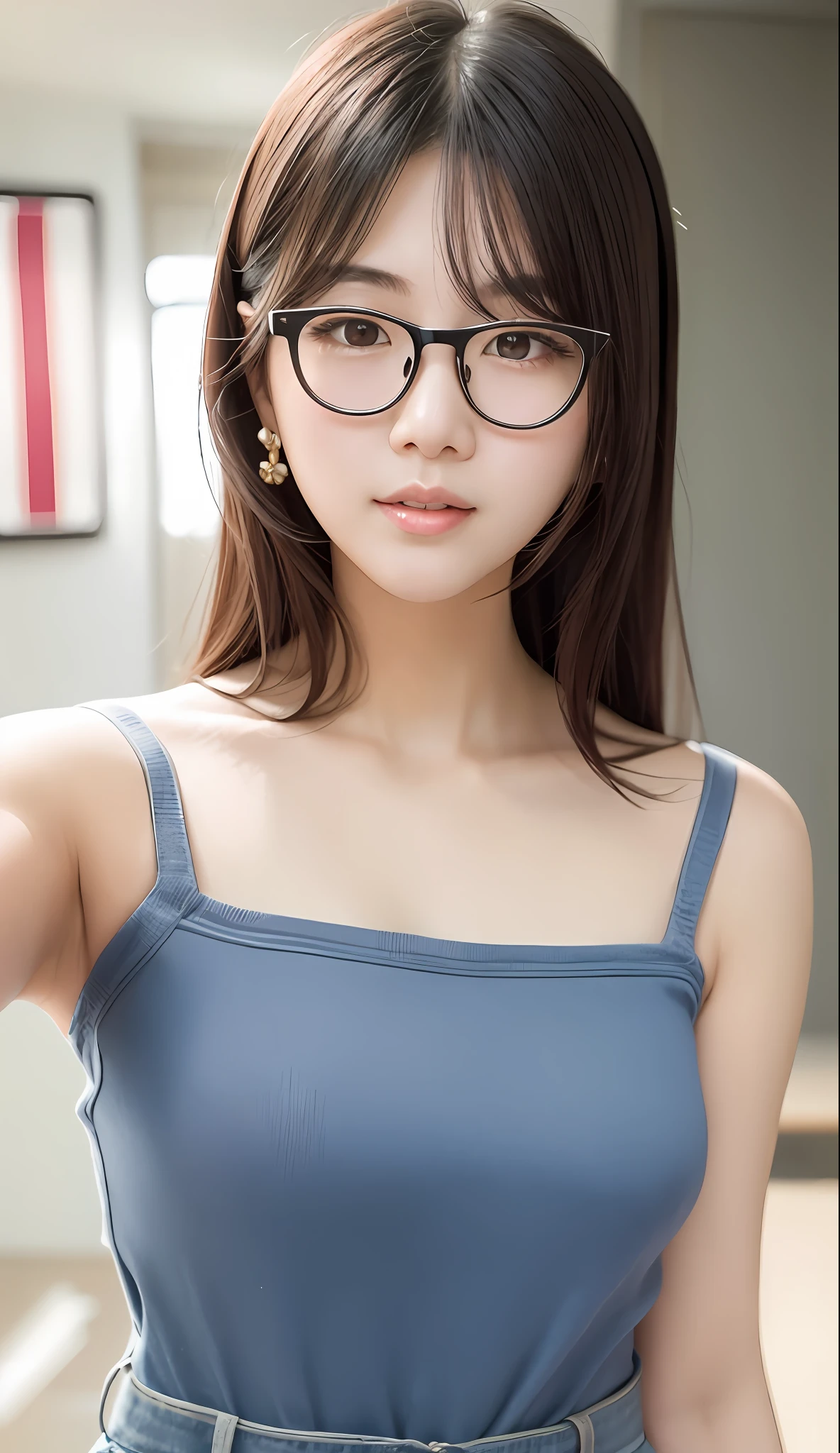 a close up of a woman with medium hair wearing a camisole, glasses, at the riverside, taking selfie, beautiful south korean woman, gorgeous young korean woman, beautiful young korean woman, korean girl, asian, korean woman, jaeyeon nam, beautiful asian girl, young adorable korean face, ulzzang, girl cute-fine-face, portrait of female korean idol, very beautiful girl,