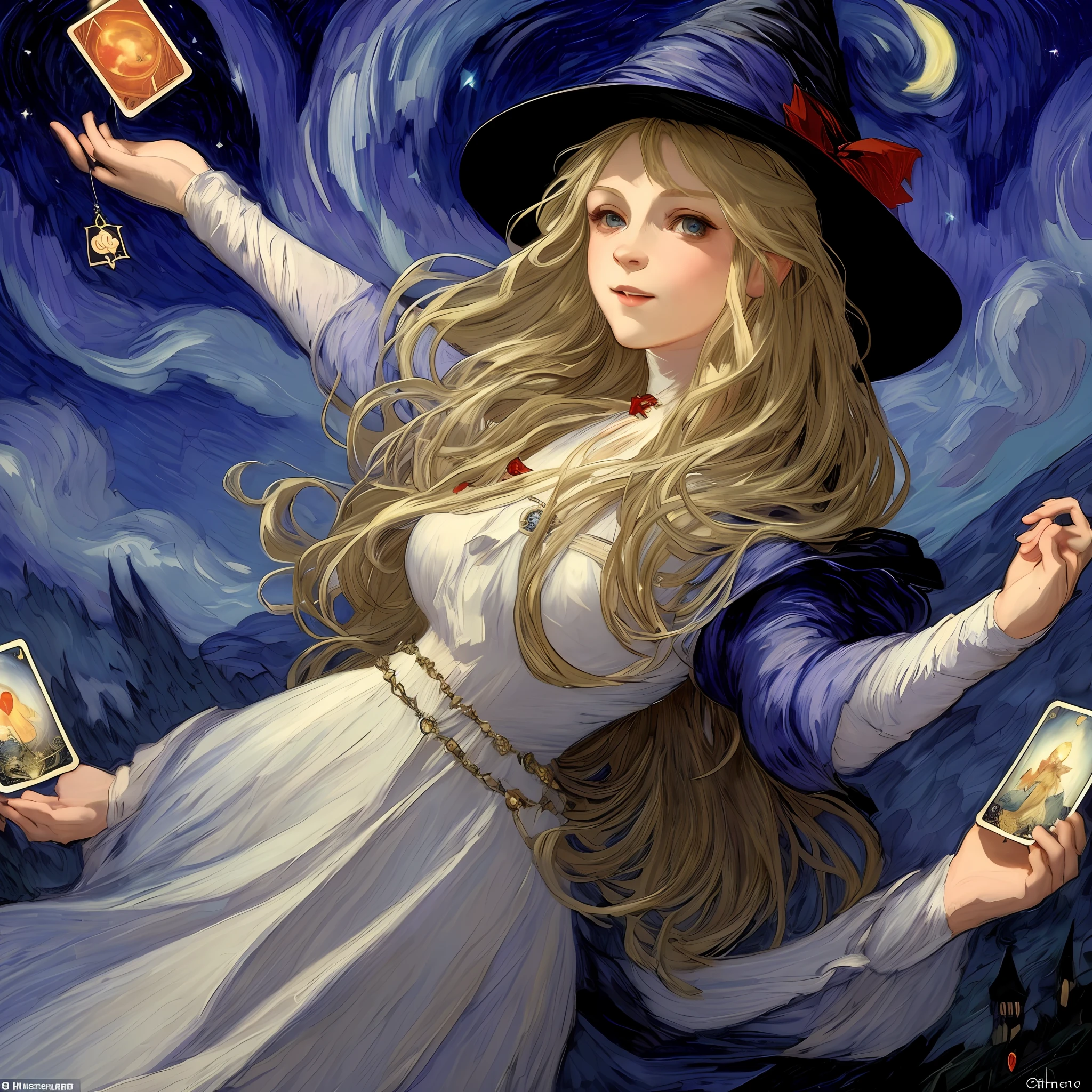 ((masterpiece:1.2, best quality)), 1girl, solo, (witch hat), blonde hair, long hair, dress, aurora, night, star (sky), gloves, sky, white dress, night sky, open mouth, starry sky, blue eyes, ribbon, very long hair, red dress, smile, hair ribbon, cape, blue hair, (bird), magic, casting spell, dark clouds, night, (impressionism:1.4), (tarot:1.3), alphonse mucha,