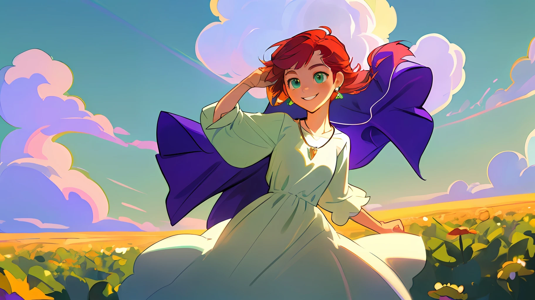 (ultra-detailed masterpiece, best quality,) an extremely beautiful, floating girl,(dynamic pose, dynamic camera angle),(long hair:1.3+short hair, multicolored hair:1.2+silver hair+red hair+purple hair+yellow hair+green hair), (blue eyes:1.1+green eyes), cute and playful smile, (necklace+earrings+white dress),(clouds+sky+sunshine), high resolution,Pixar style