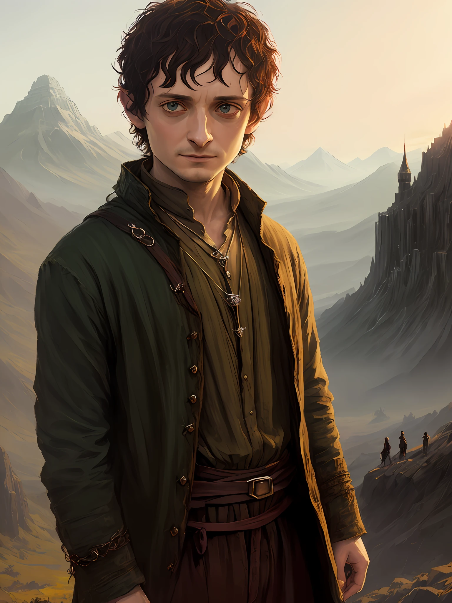 ((Elijah Wood as Frodo Baggins goes to mordor)), portrait, ((cartoon style)), anime, big eyes, 
gold ring on a chain around the neck
creepy dark,
Atey Ghailan, by Jeremy Mann, Greg Manchess, Antonio Moro, trending on ArtStation, trending on CGSociety, Intricate, High Detail, Sharp focus, dramatic, photorealistic painting art by midjourney and greg rutkowski, bokeh on backgr