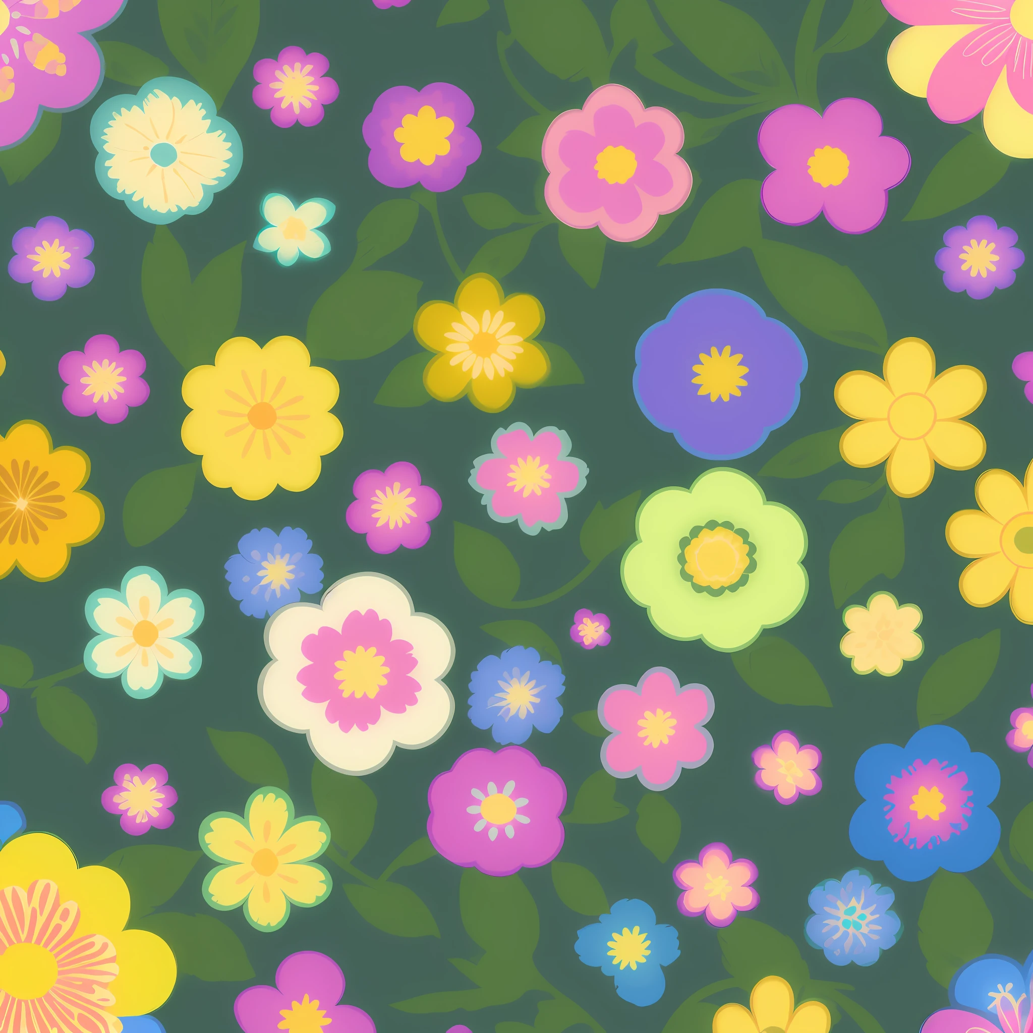 a close up of a colorful flower pattern on a green background, vector art inspired by Paul Henry, trending on pixabay, pop art, floral flowers colorful, patchy flowers, flower power motifs, flower pop art, colored flowers, flower power, repeating fabric pattern, textile print, colourful flowers, flowery, seamless pattern design, 7 0 s colors