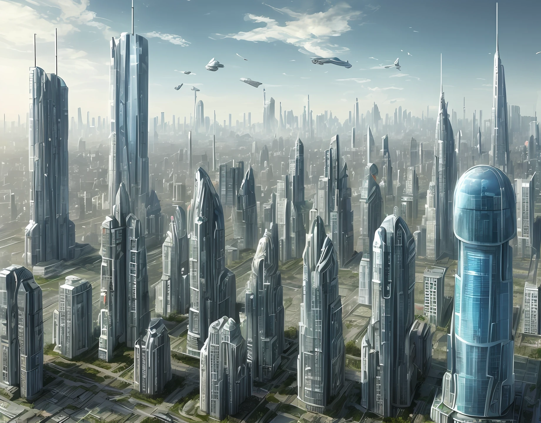 World in 2300, city, buildings, house, cars.