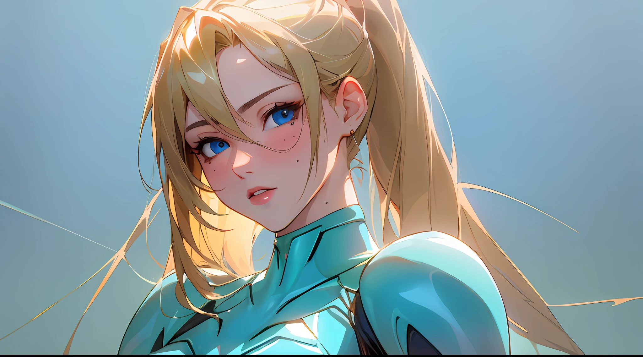 unparalleled masterpiece, ultra realistic 8k CG, perfect artwork, ((perfect female figure)), mature female, narrow waist, looking at viewer, seductive posture, alluring, clean, beautiful face, pure face, pale skin, divine goddess, ((shiny skin)), (((skindentation))), delicate pattern, intricate detail, (rich:1.4), prestige, gorgeous, samus, mole, (((portrait))), (((zero suit))), ponytail, (blue eyes)