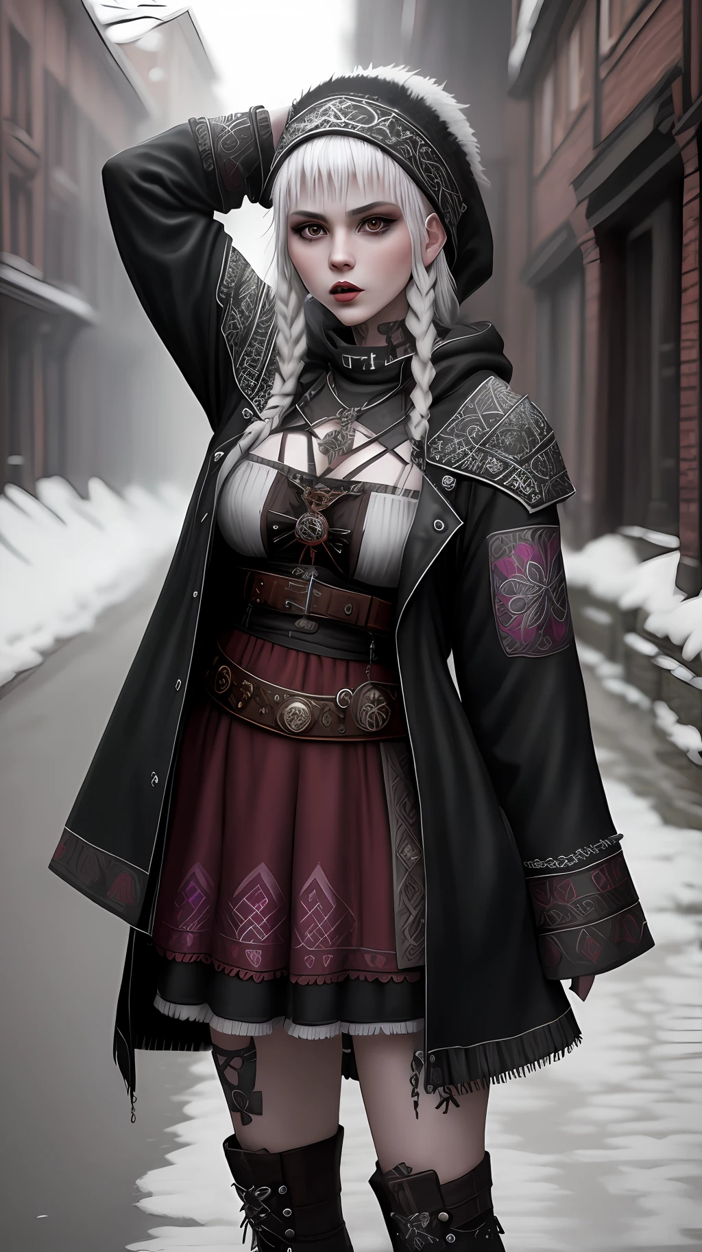 punk woman wearnng ancient pagan slavic rus clothes mixed with nu-goth aesthetic, druid